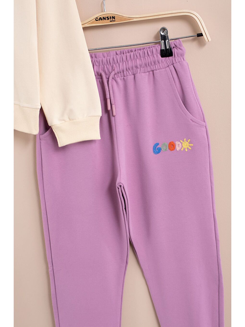 Ekru Krem Good Things Nakışlı Kız Çocuk Bisiklet Yaka Eşofman Takımı 23391-2