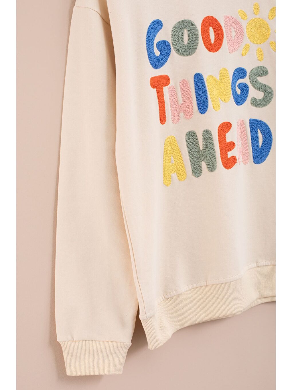 Ekru Krem Good Things Nakışlı Kız Çocuk Bisiklet Yaka Eşofman Takımı 23391-3
