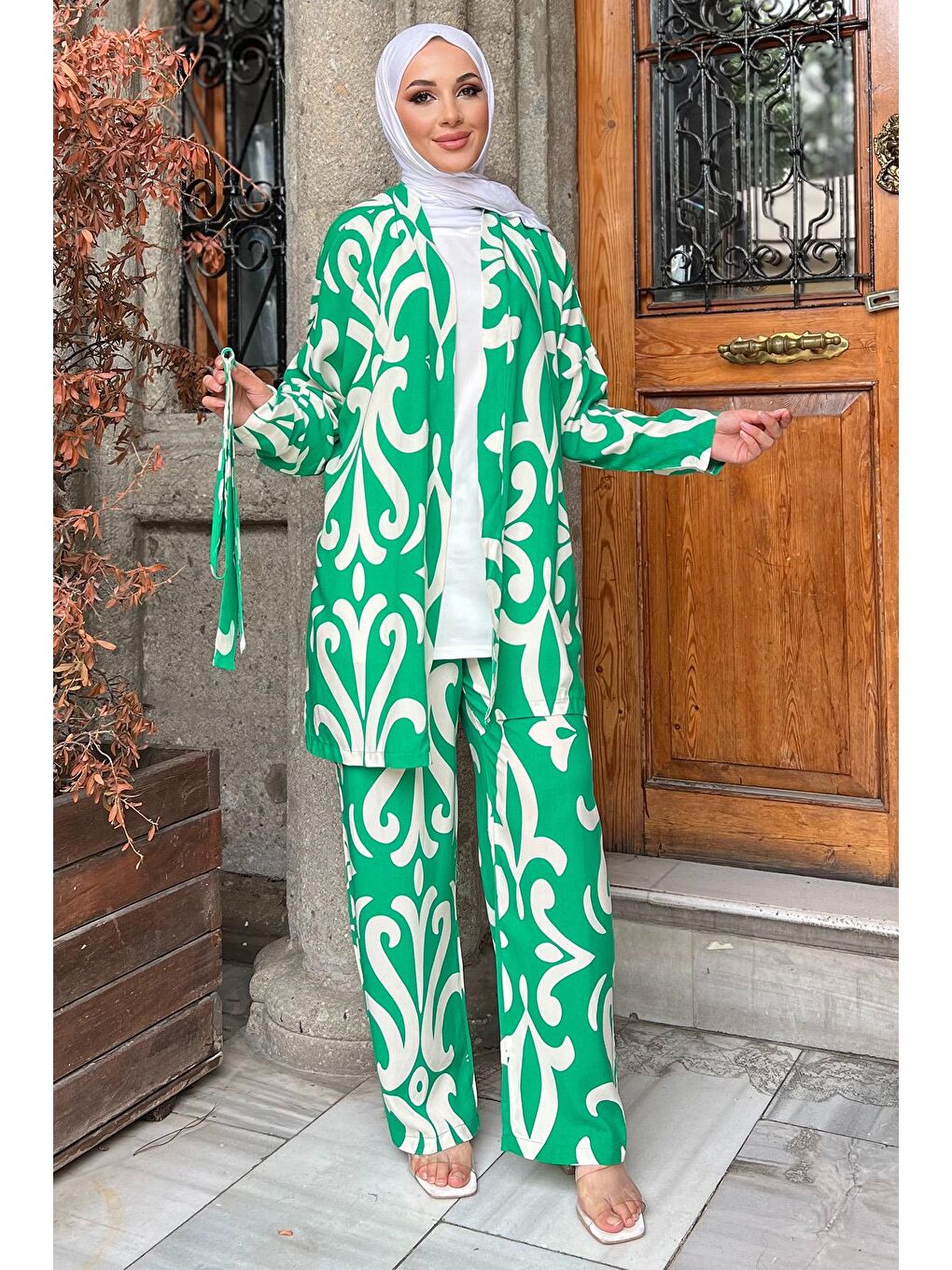 Julude Yeşil Desenli Kimono Pantolon Bluz Tesettür Üçlü Takım