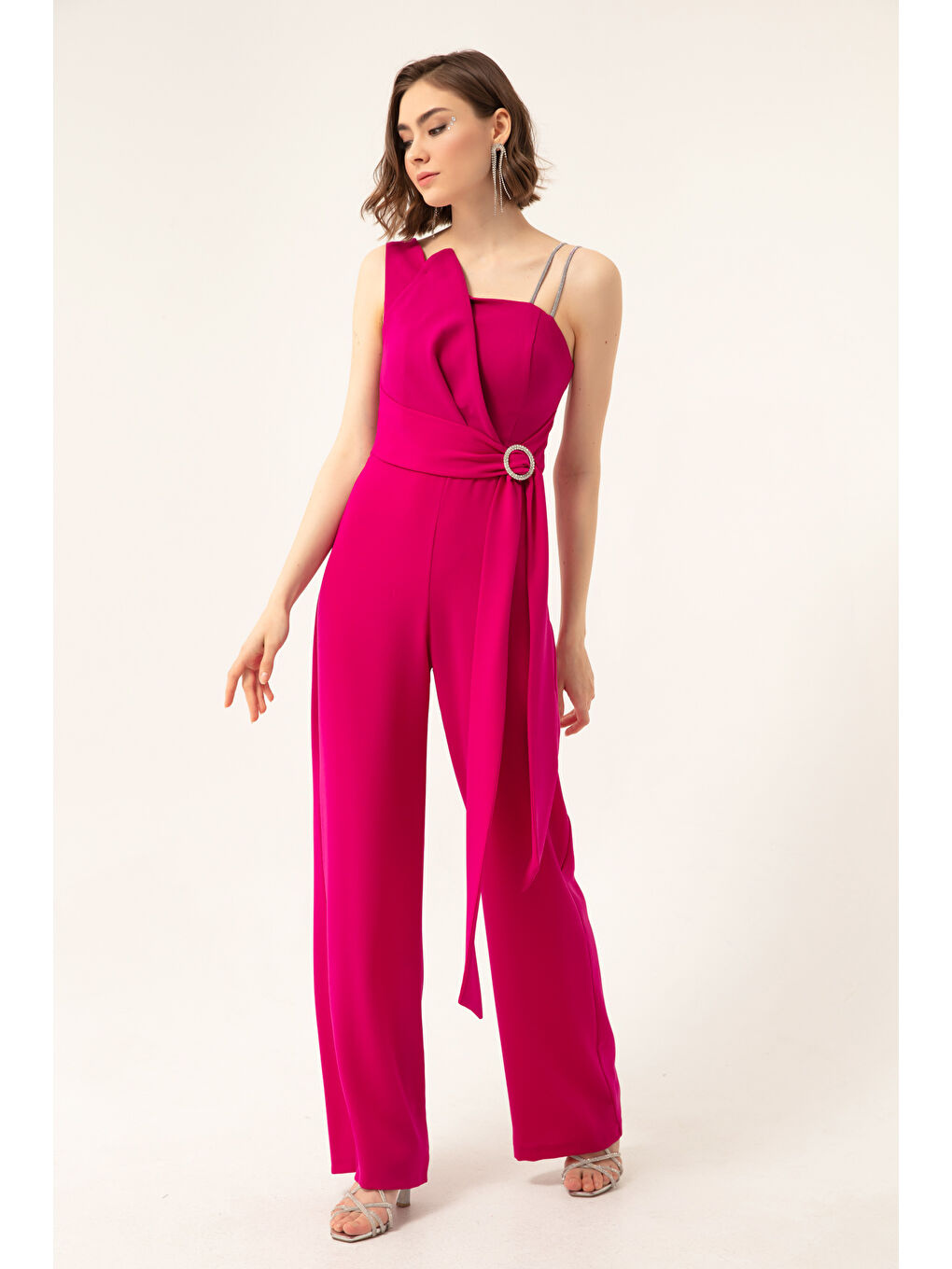 Kadın Mürdüm Tek Omuz Taşlı Abiye Tulum