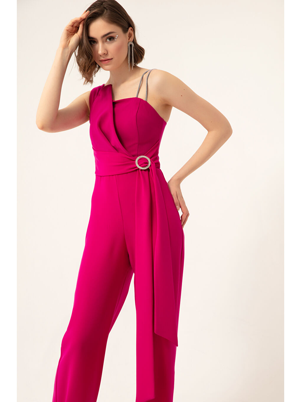 Kadın Mürdüm Tek Omuz Taşlı Abiye Tulum-1