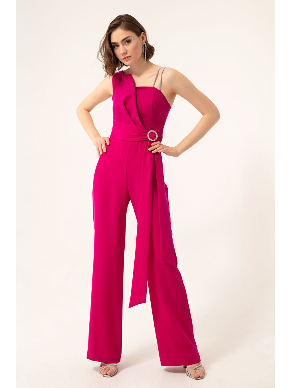 Kadın Mürdüm Tek Omuz Taşlı Abiye Tulum-2