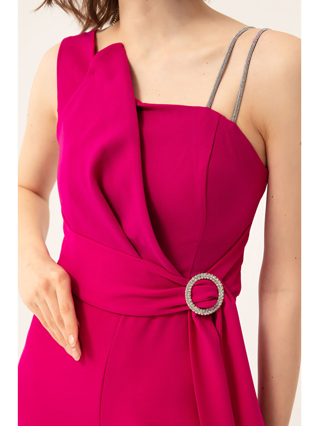 Kadın Mürdüm Tek Omuz Taşlı Abiye Tulum-3