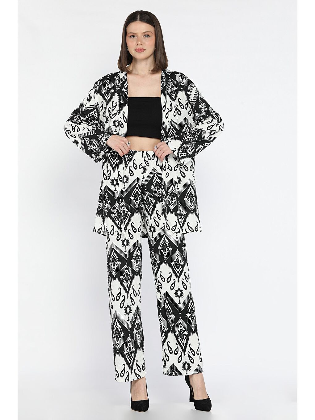 Ekru Kadın Desenli Kimono Pantolon İkili Takım