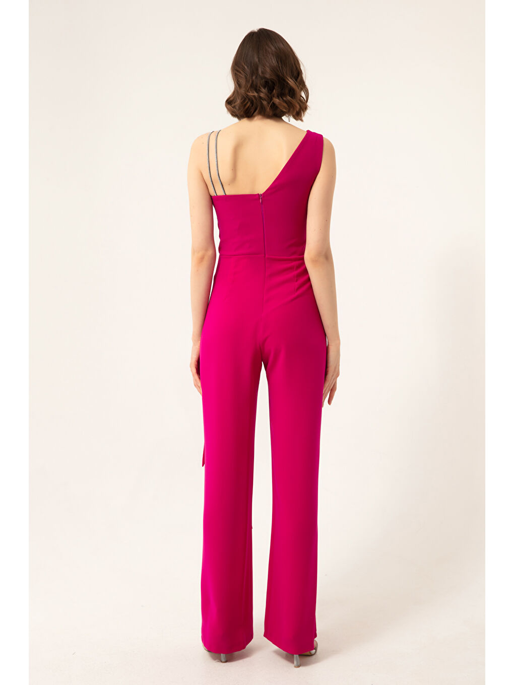 Kadın Mürdüm Tek Omuz Taşlı Abiye Tulum-4