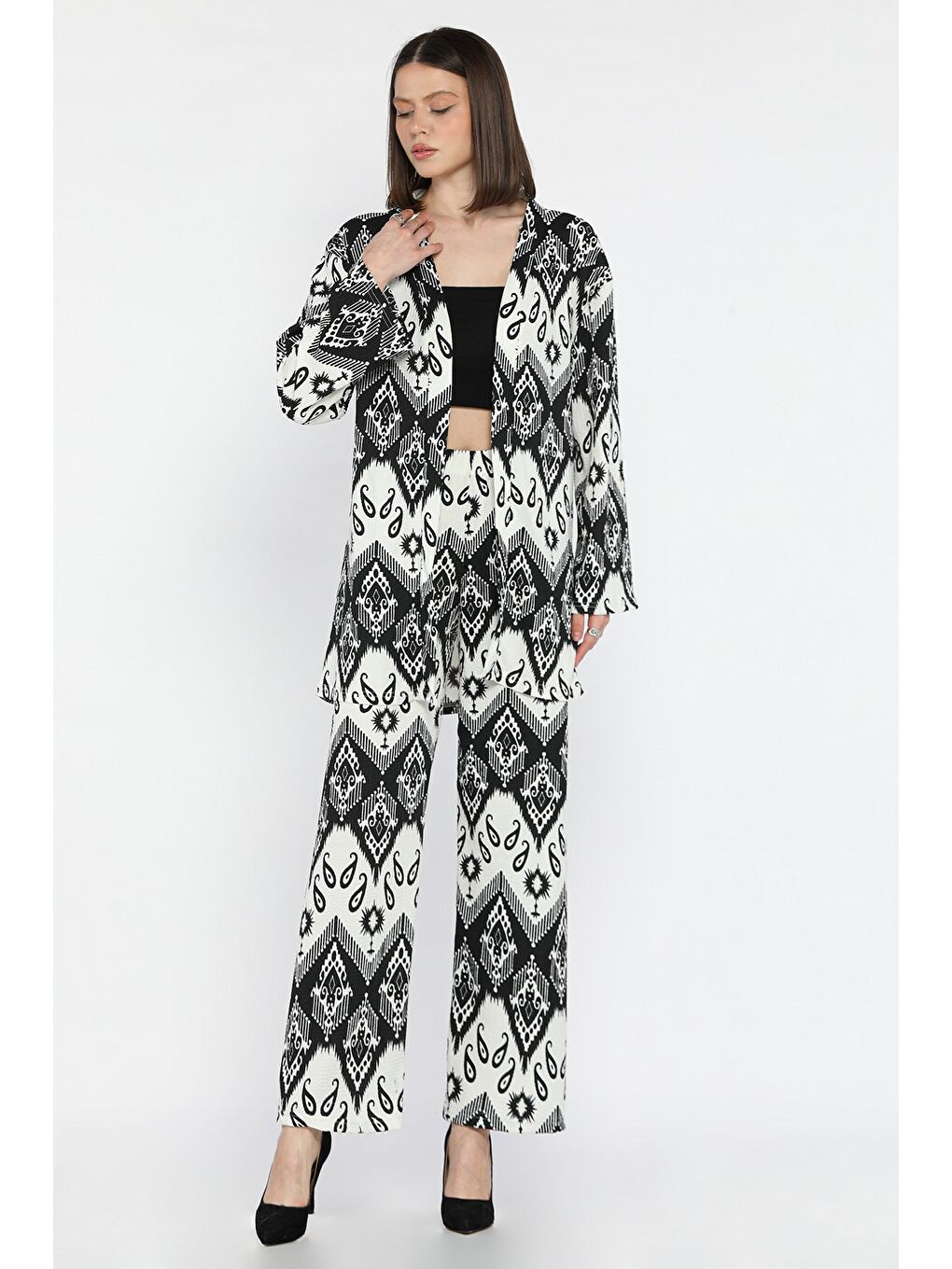 Ekru Kadın Desenli Kimono Pantolon İkili Takım-1