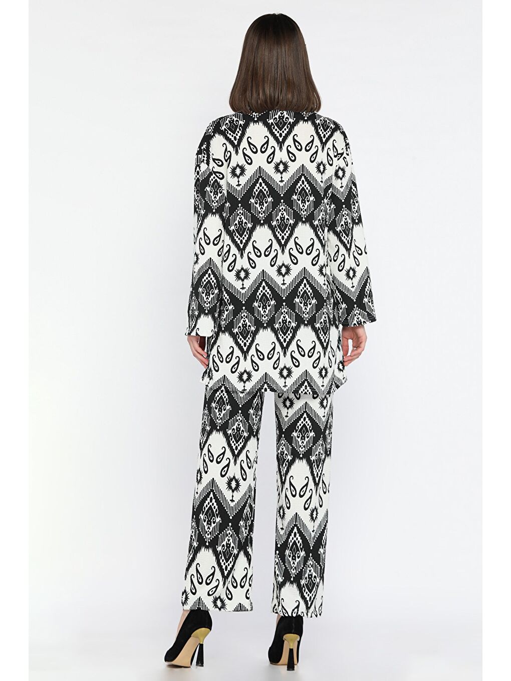 Ekru Kadın Desenli Kimono Pantolon İkili Takım-2