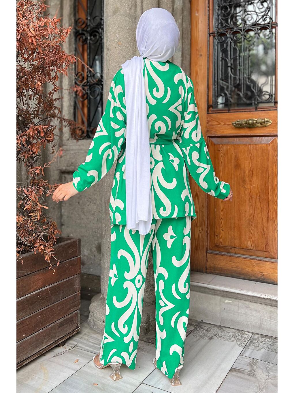 Julude Yeşil Desenli Kimono Pantolon Bluz Tesettür Üçlü Takım - 3