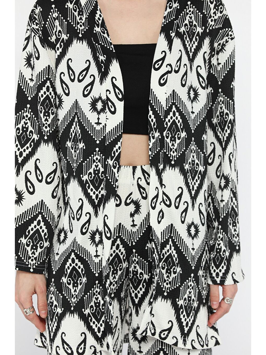 Ekru Kadın Desenli Kimono Pantolon İkili Takım-3