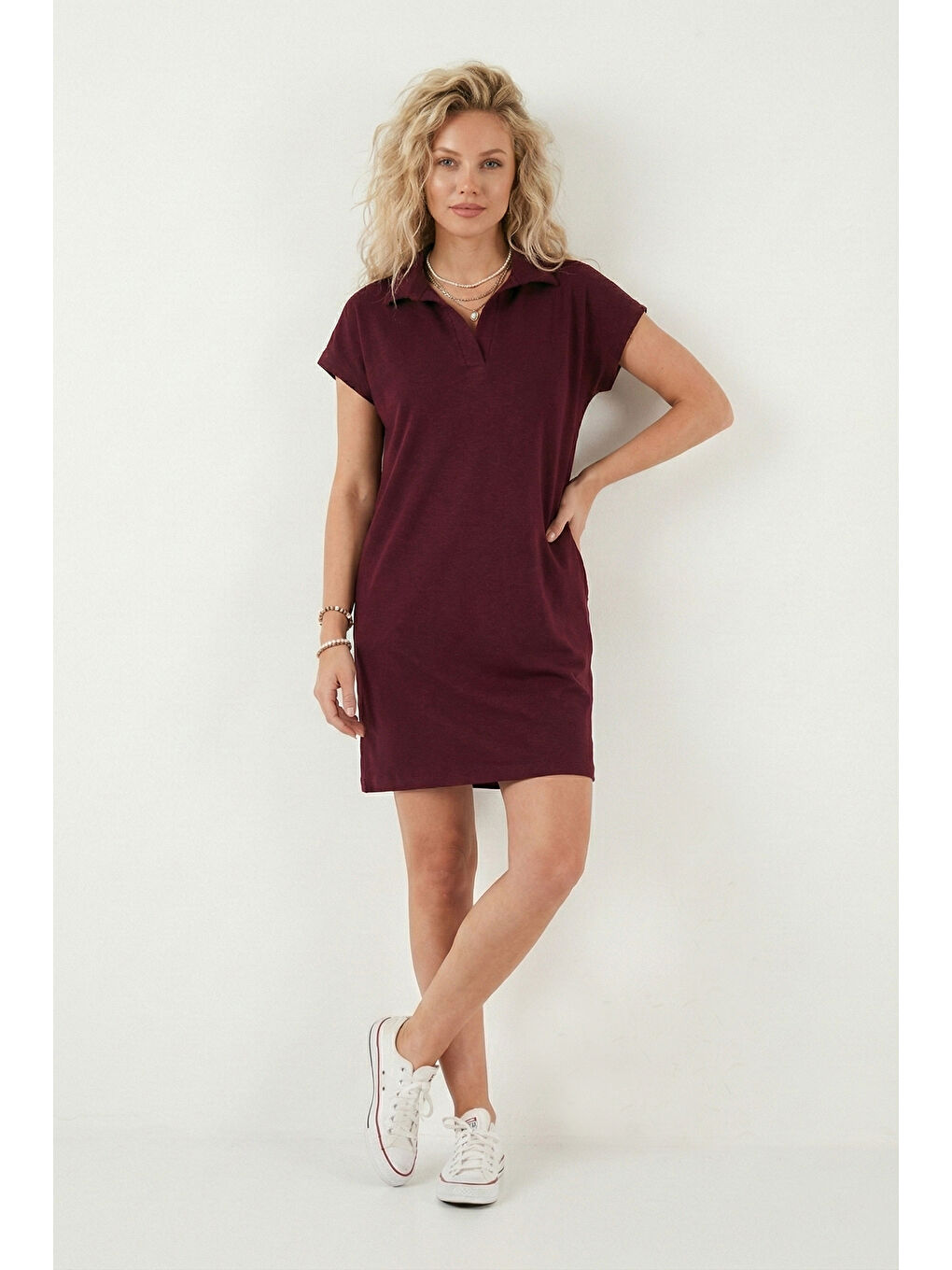 Bordo Regular Fit Polo Yaka Mini Kadın Elbise 5866153-2
