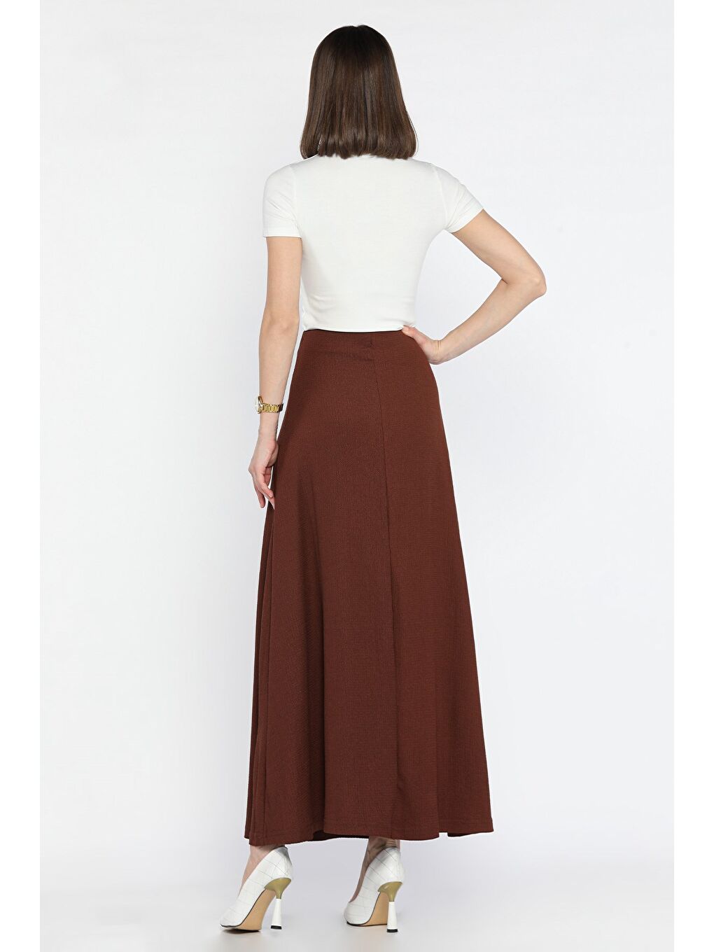 Kahverengi Kadın Düz Renk Bel Lastikli Bürümcük Kiloş Etek-2
