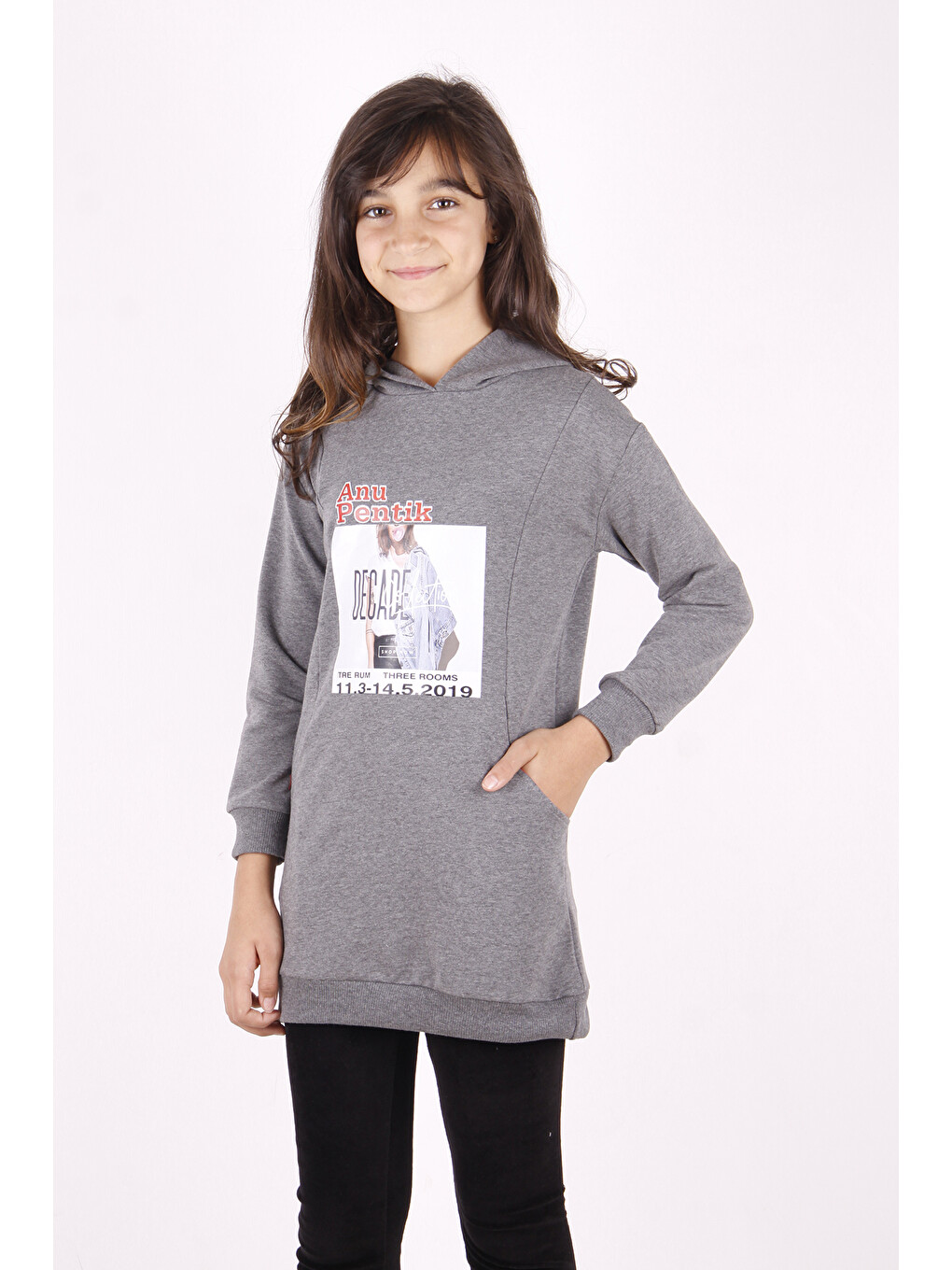 Antrasit Kız Çocuk Tarz Kız Baskılı Cepli Kapüşonlu Sweatshirt