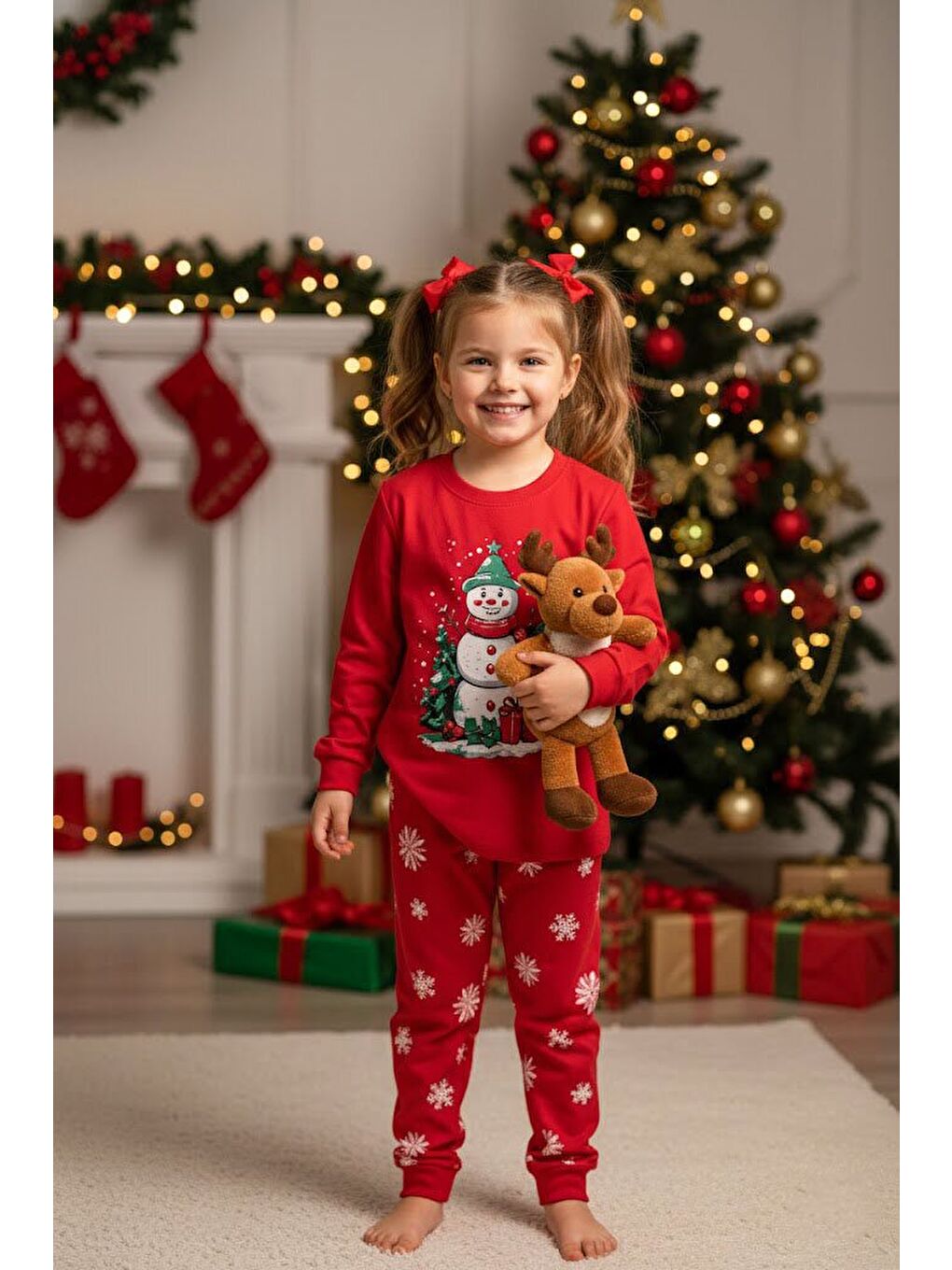 Kırmızı Yılbaşı Temalı Uzun Kol Çocuk Pijama Takımı 23397-3