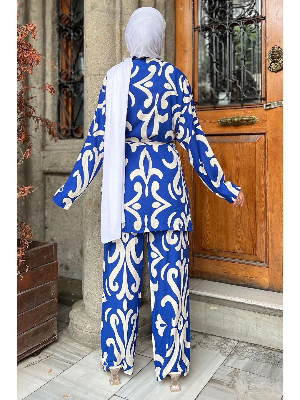 Julude Mavi Desenli Kimono Pantolon Bluz Tesettür Üçlü Takım - 3