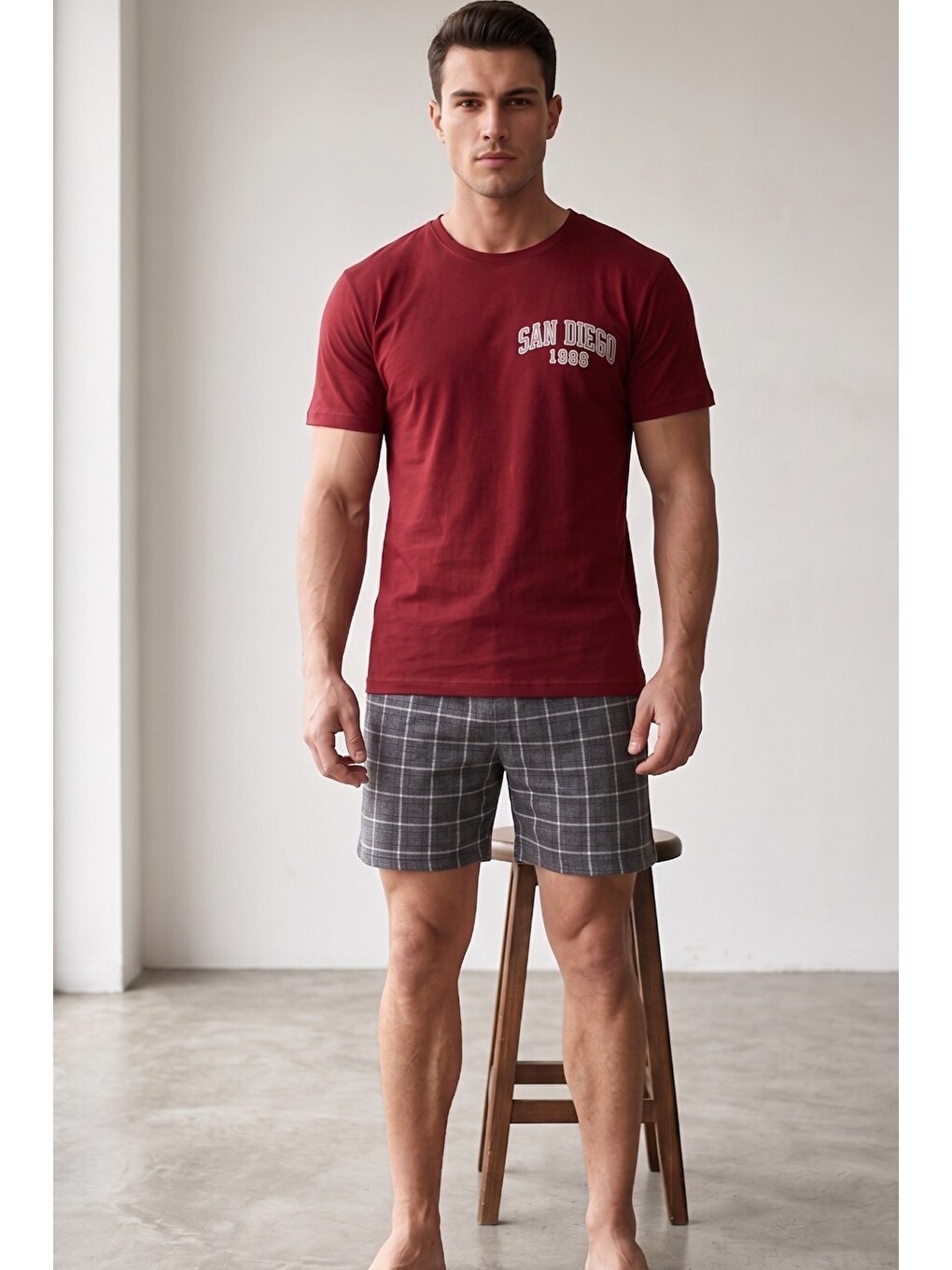 Bordo Laci̇vert Ekose Desenli Baskılı Örme Kısa Kollu Şortlu Pijama Takım 8005-1