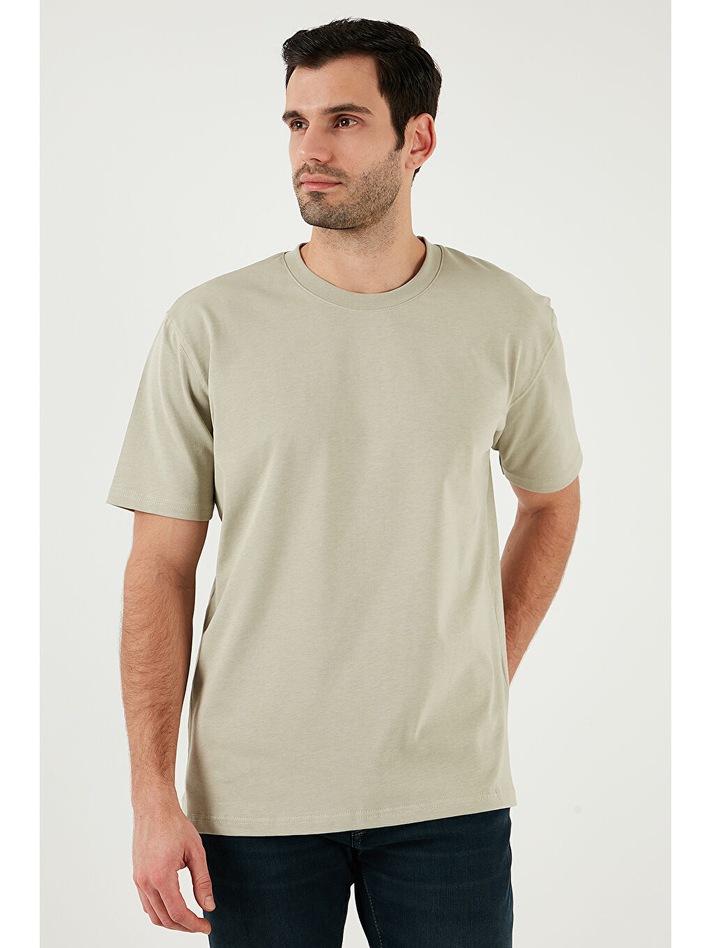 Bej Pamuklu Relaxed Fit Sıfır Yaka Erkek %100 Pamuk Tişört 5905446-2