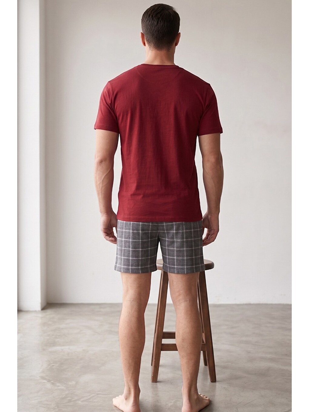 Bordo Laci̇vert Ekose Desenli Baskılı Örme Kısa Kollu Şortlu Pijama Takım 8005-2
