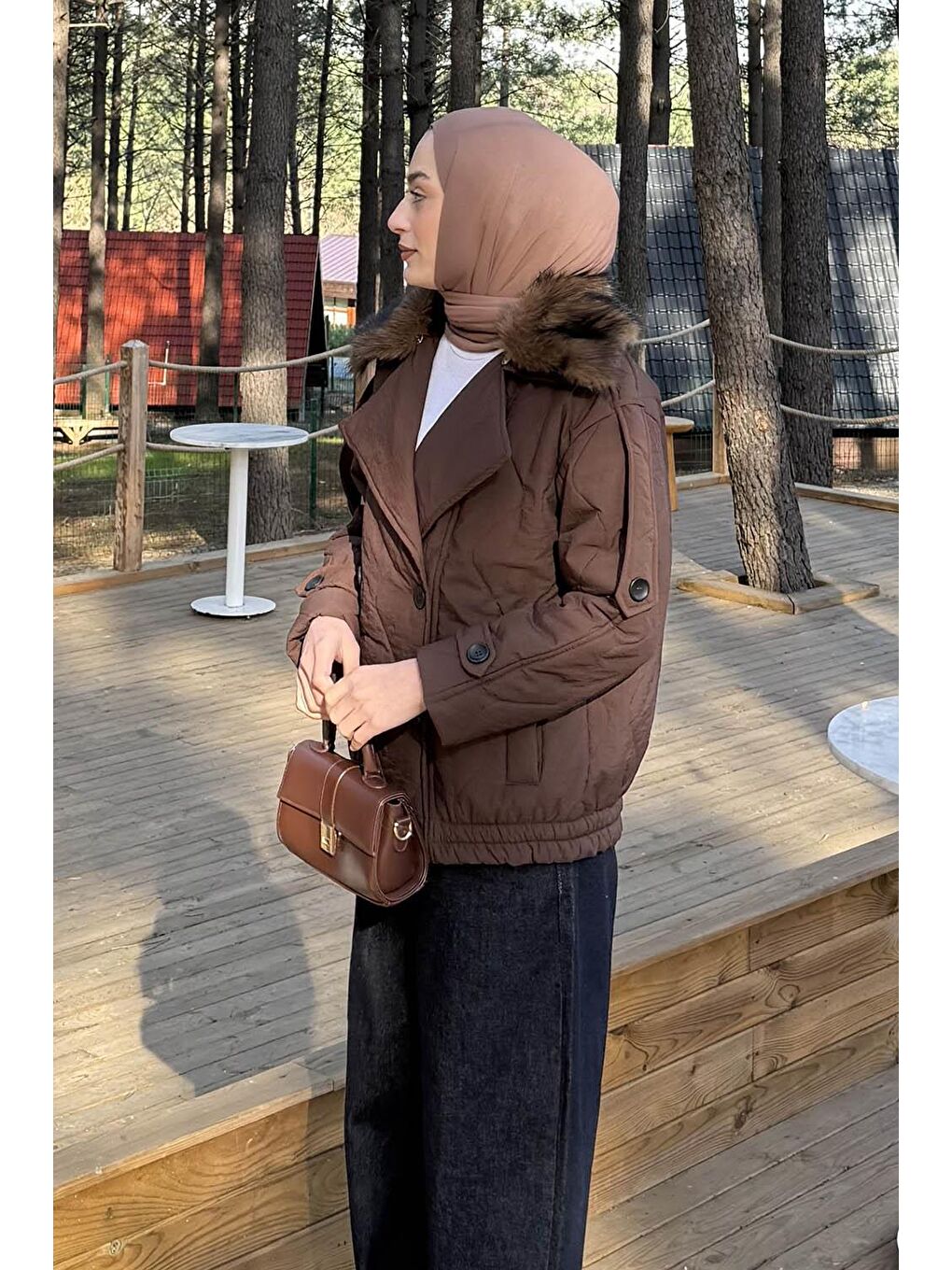 Kahverengi Kürk Yaka Düğmeli Mont Çikolata Kahve-1