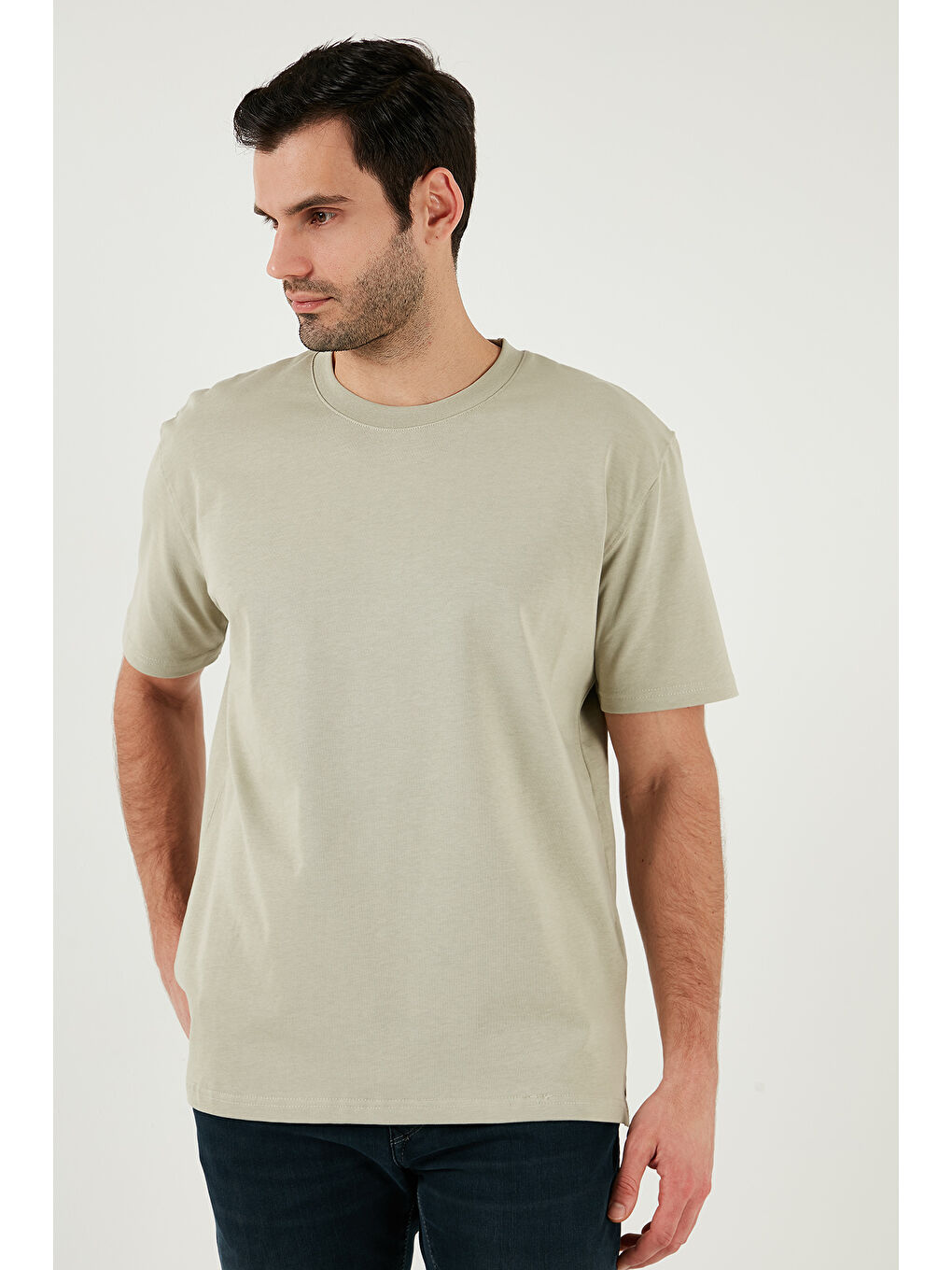 Bej Pamuklu Relaxed Fit Sıfır Yaka Erkek %100 Pamuk Tişört 5905446-3