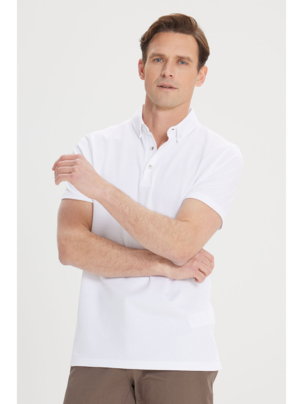 Erkek Ekru Dar Kesim Pamuklu Jakarlı Polo Yaka Tişört-2