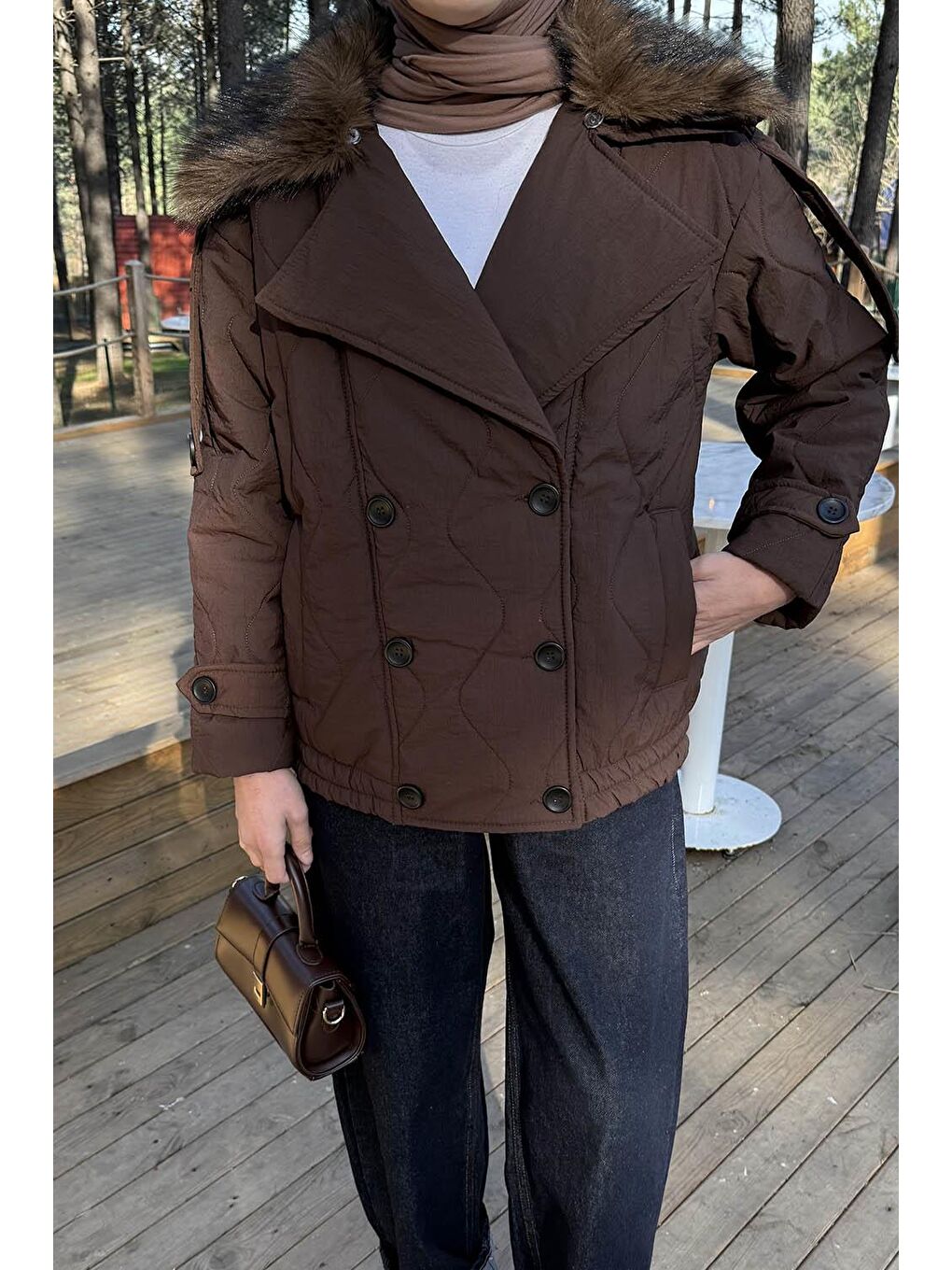 Kahverengi Kürk Yaka Düğmeli Mont Çikolata Kahve-2