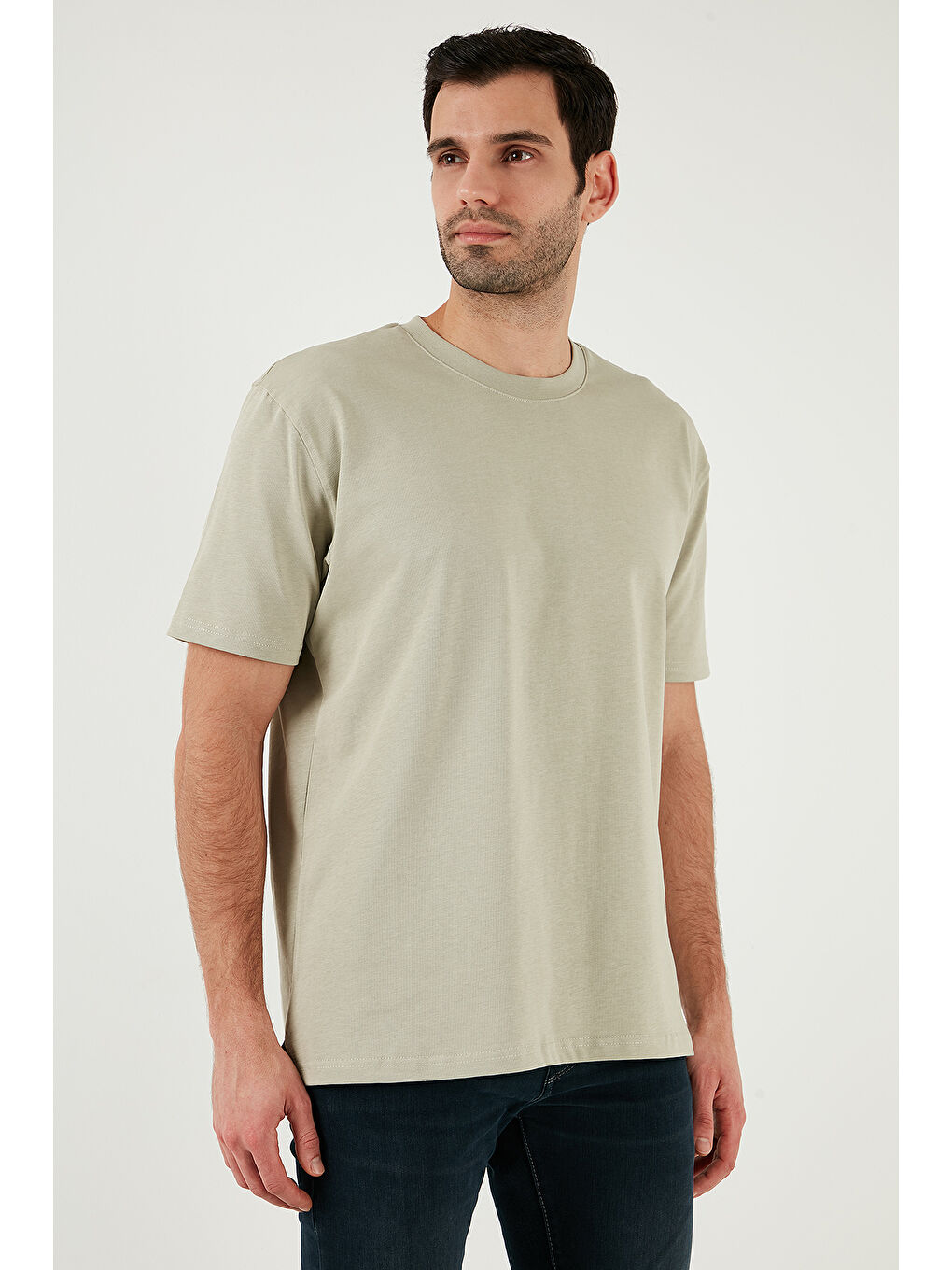 Bej Pamuklu Relaxed Fit Sıfır Yaka Erkek %100 Pamuk Tişört 5905446-4