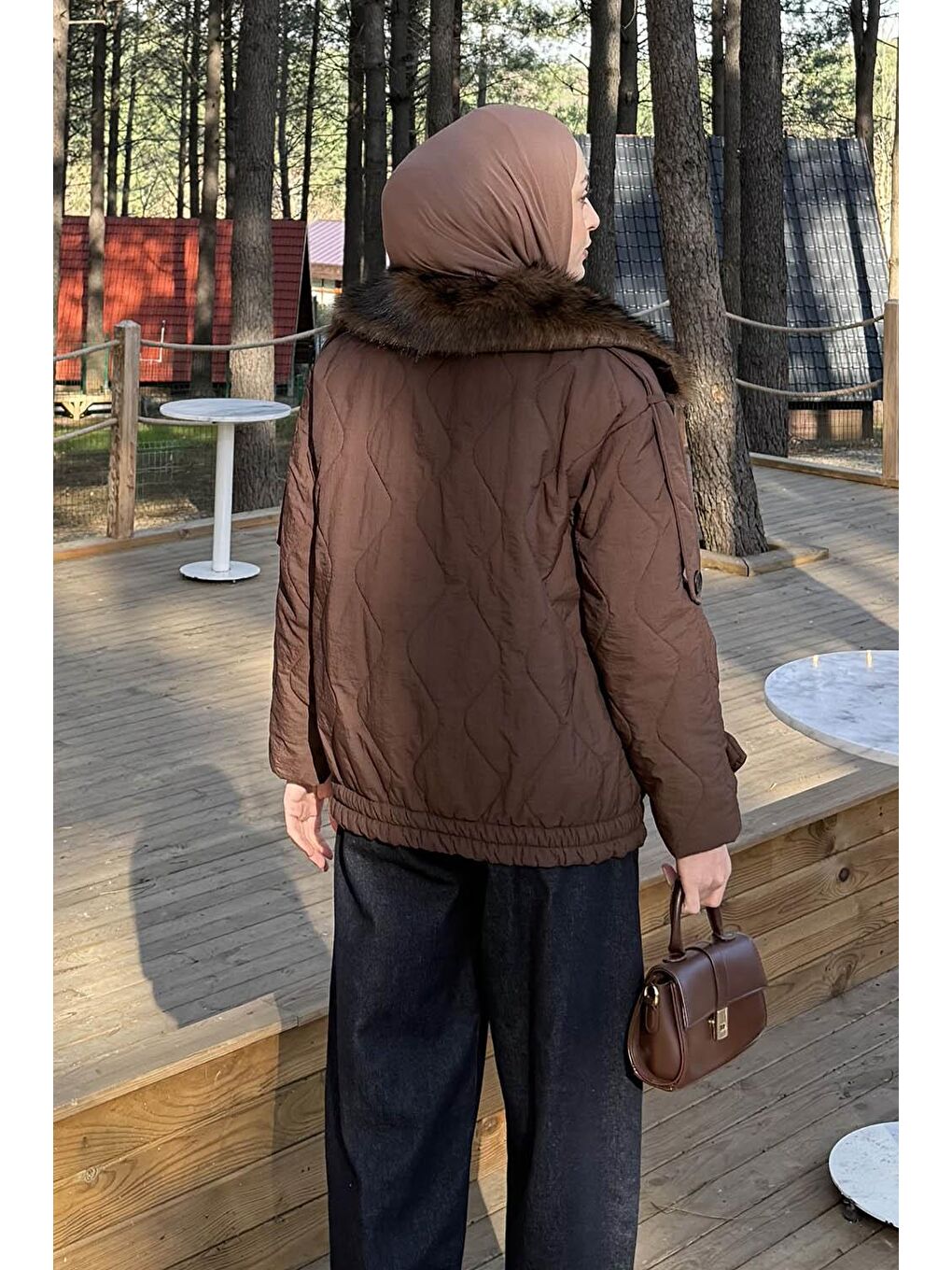 Kahverengi Kürk Yaka Düğmeli Mont Çikolata Kahve-3