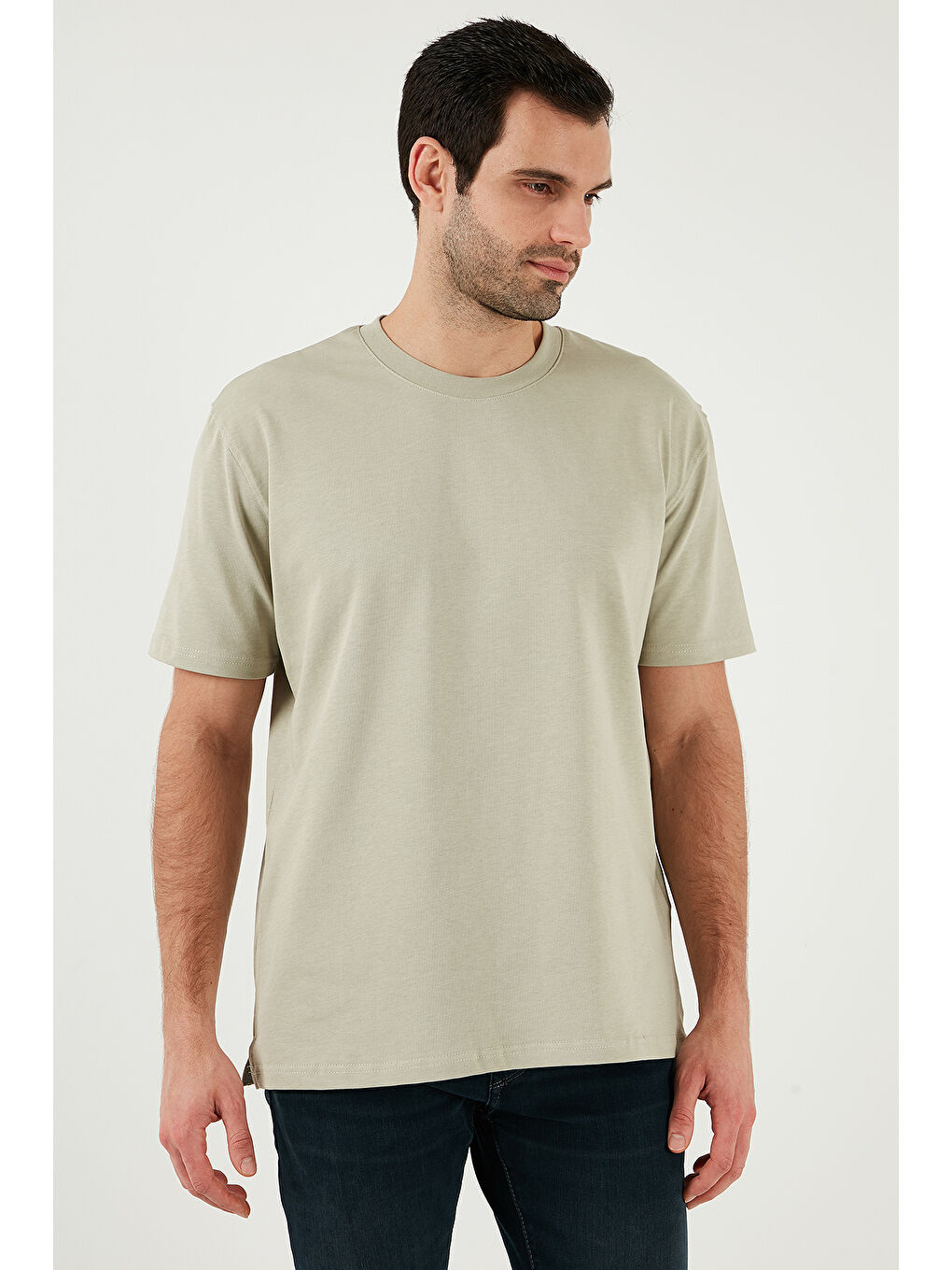 Bej Pamuklu Relaxed Fit Sıfır Yaka Erkek %100 Pamuk Tişört 5905446-5