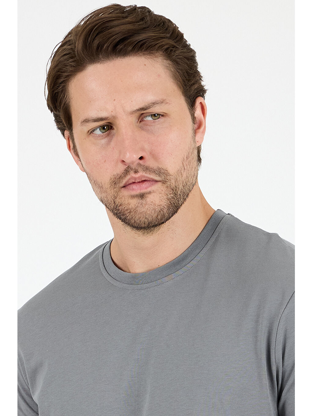 Gri Bisiklet Yaka Penye Erkek Tişört-1