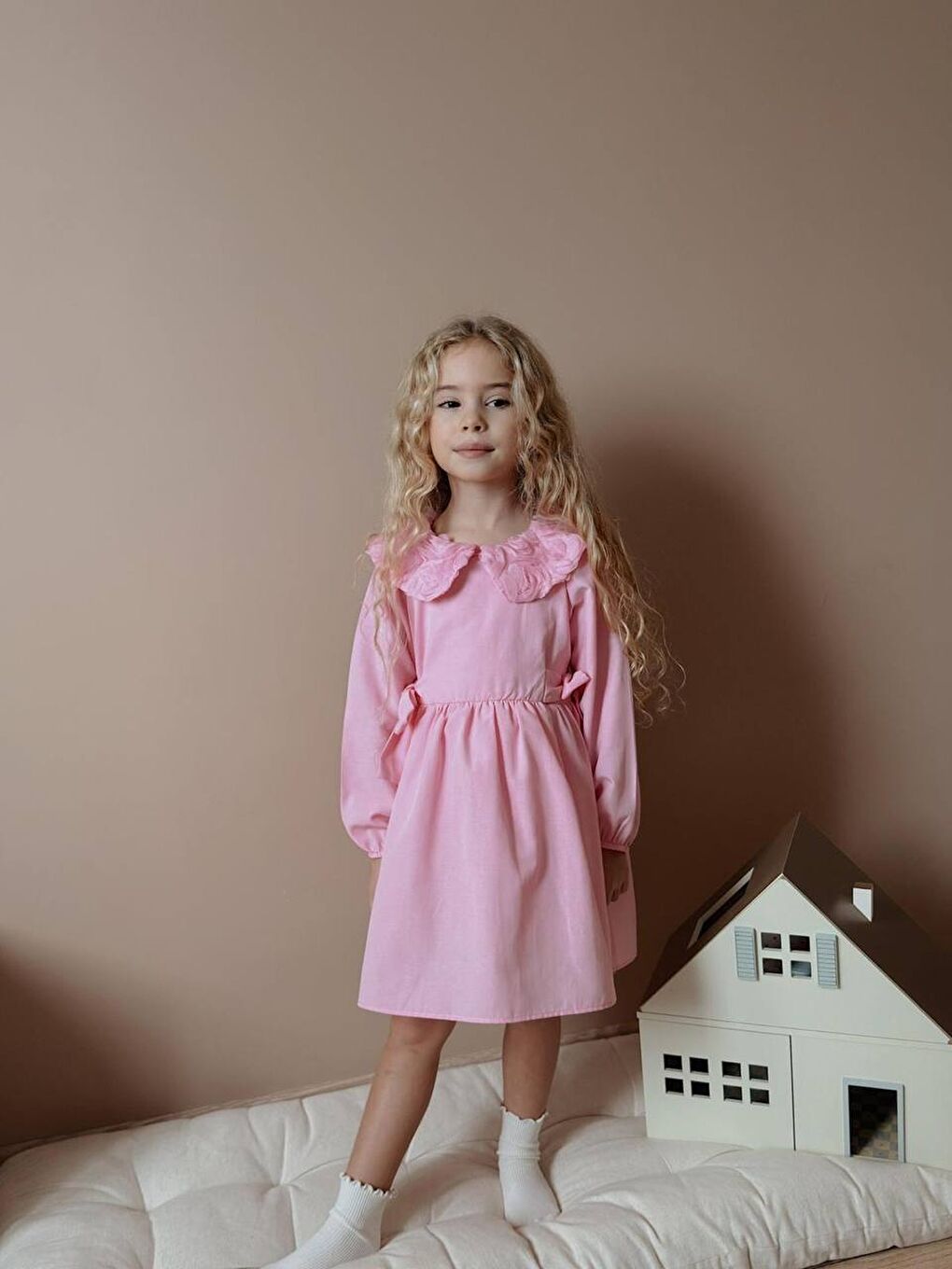 Pembe Kız Çocuk Keten Astarlı Yaka Detay Elbise-1