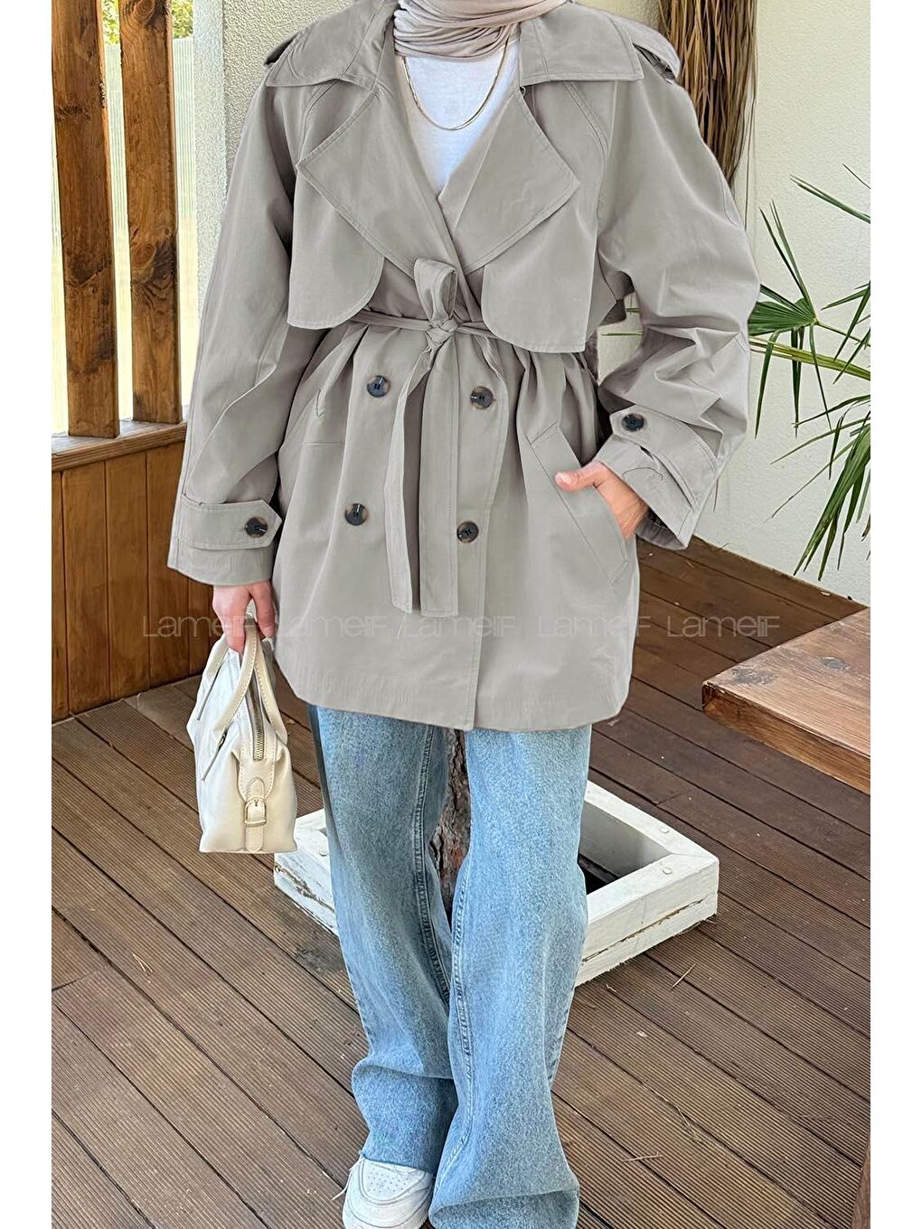 Omuz Apoletli Kısa Trençkot Haki-2