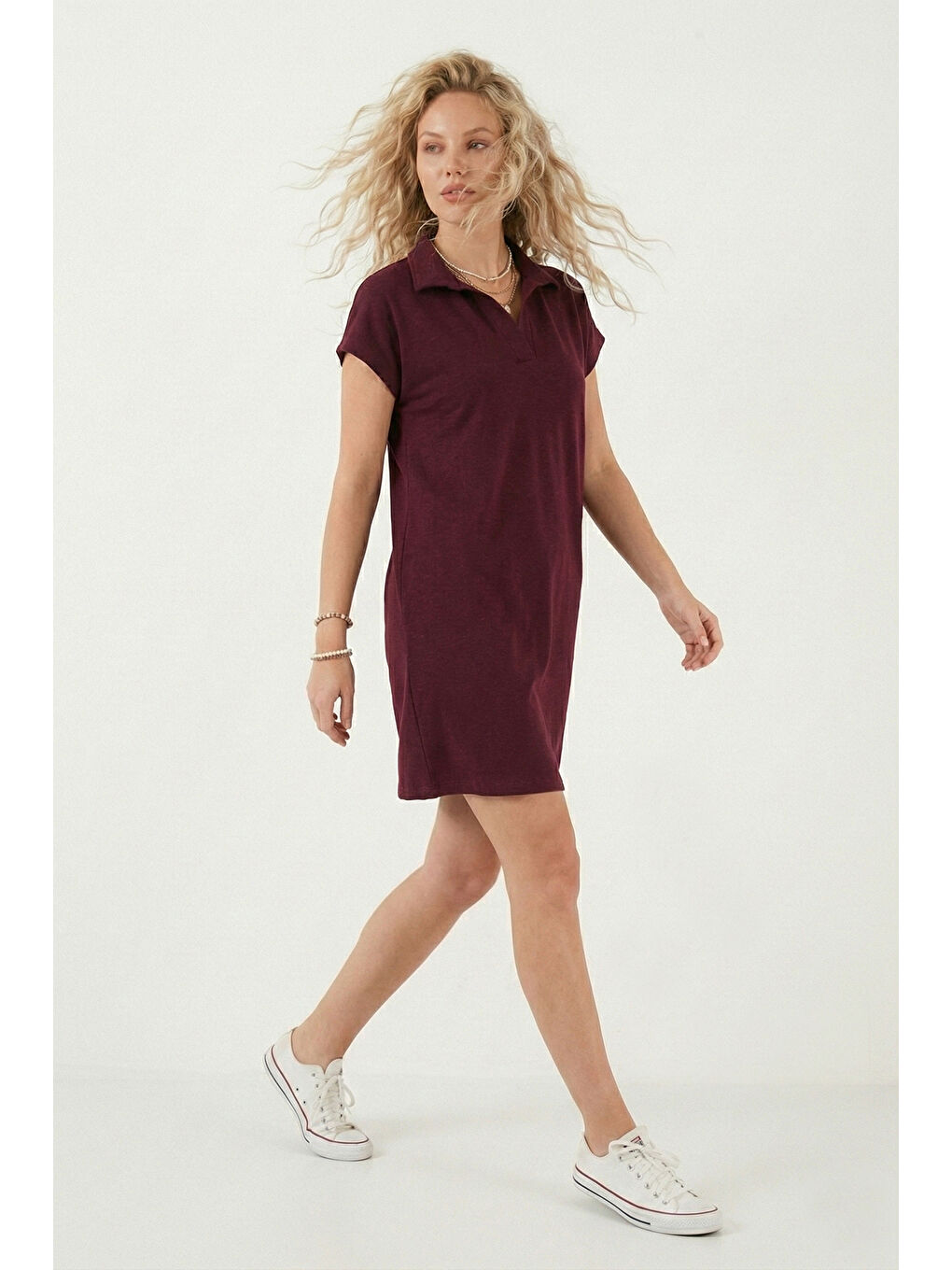 Bordo Regular Fit Polo Yaka Mini Kadın Elbise 5866153-3