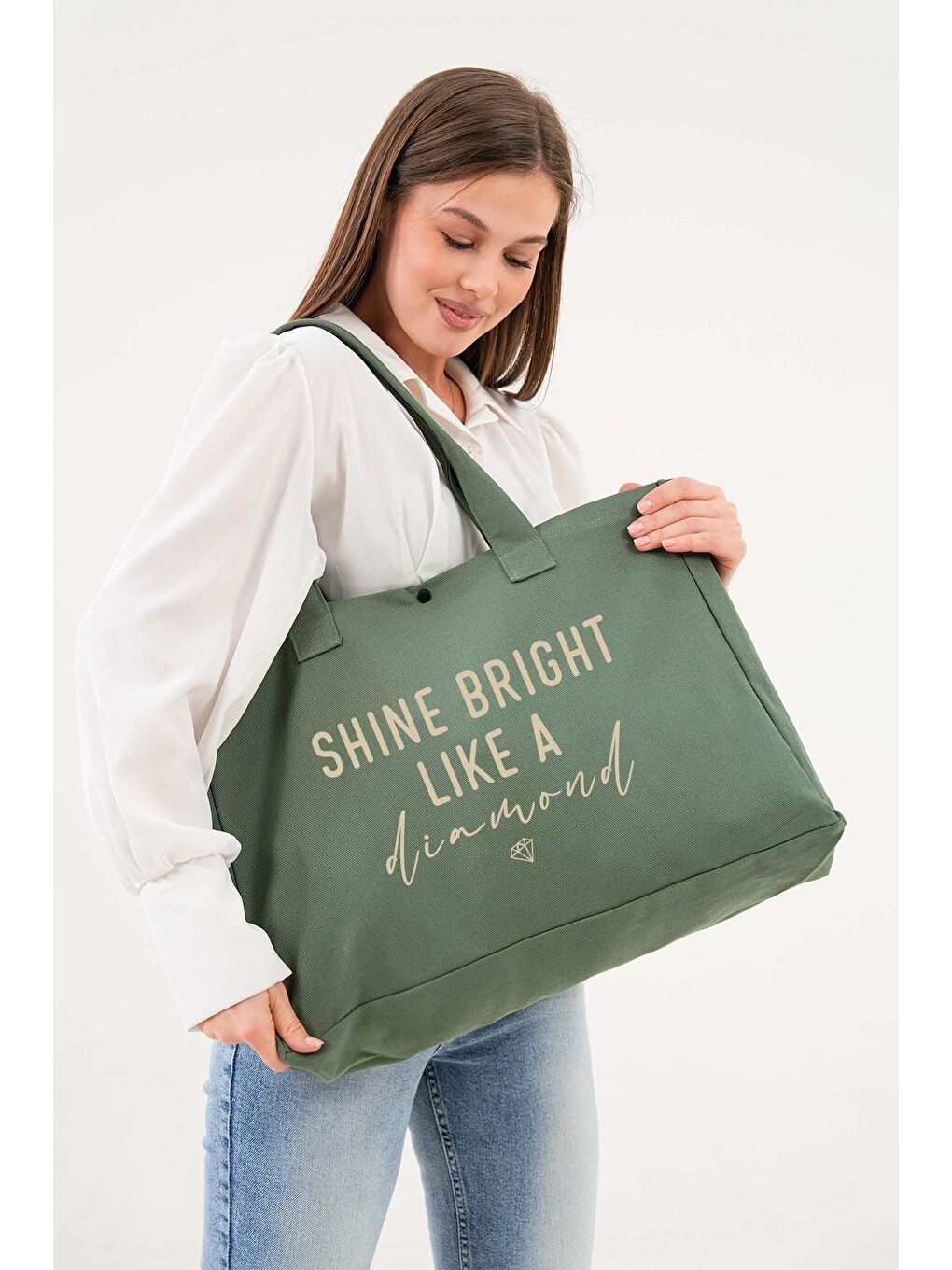 Çıtlı Elmas Baskılı Yeşil Büyük Boy Kanvas Çanta-1