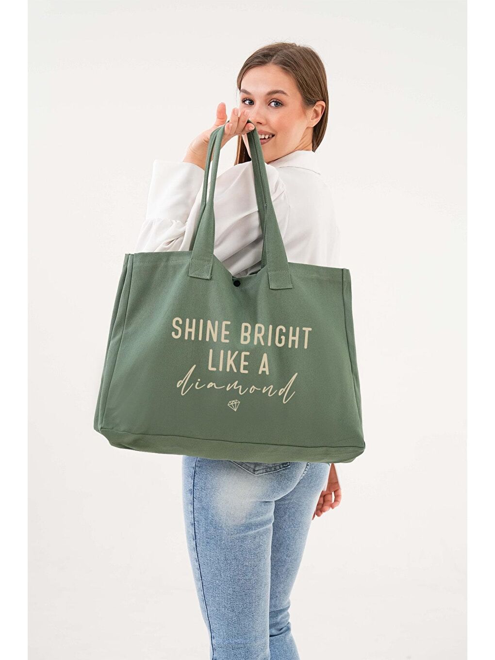 Çıtlı Elmas Baskılı Yeşil Büyük Boy Kanvas Çanta-2