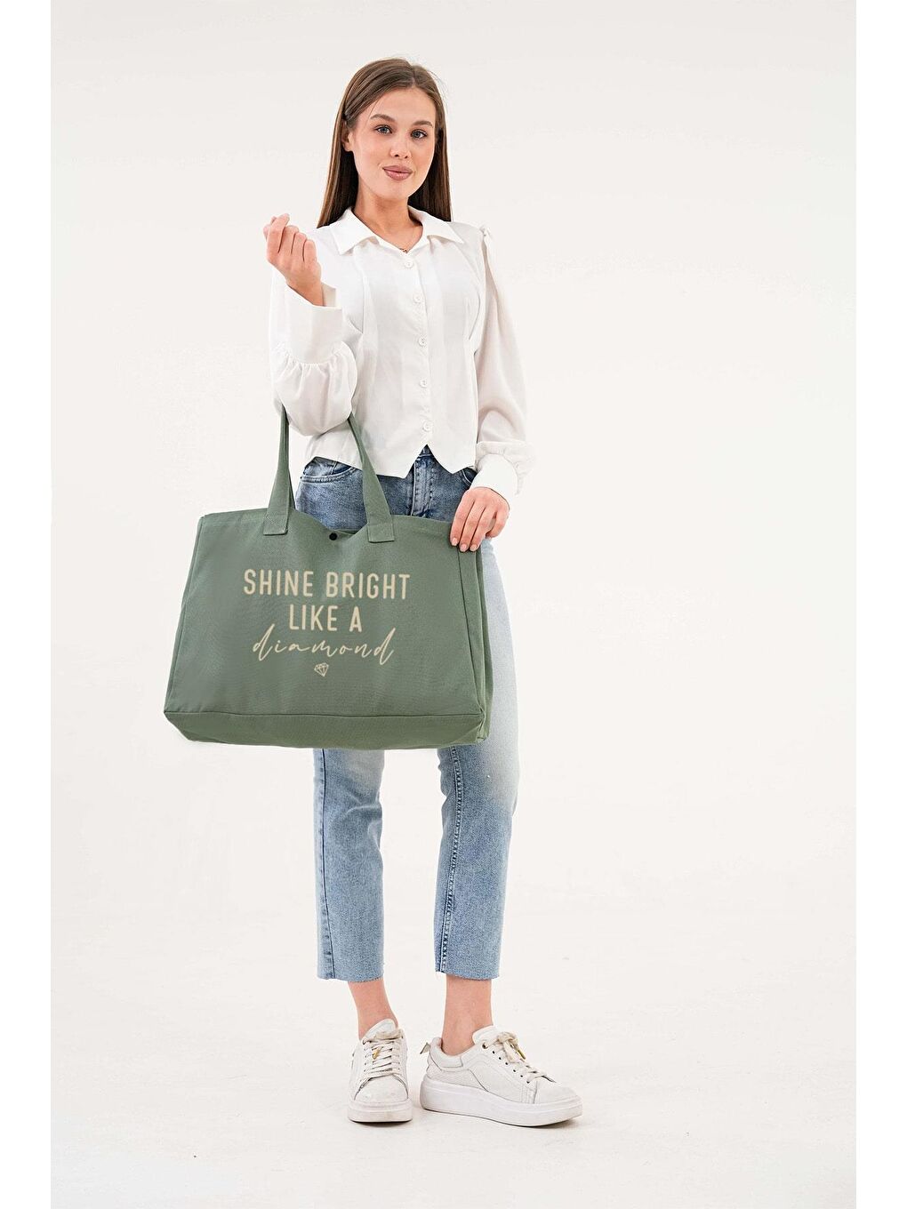 Çıtlı Elmas Baskılı Yeşil Büyük Boy Kanvas Çanta-3