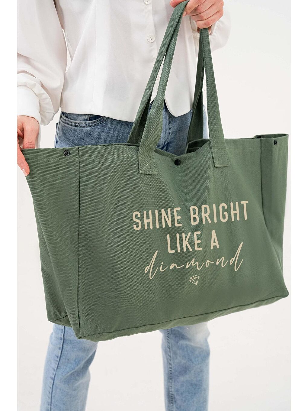 Çıtlı Elmas Baskılı Yeşil Büyük Boy Kanvas Çanta-5