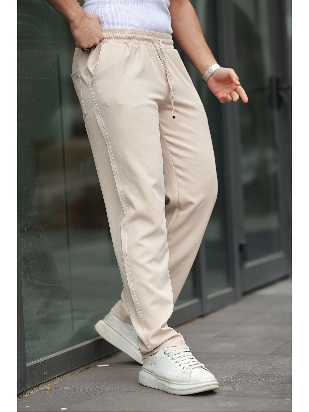 Ekru Erkek Trend Beli Lastikli Bol Paça Baggy Pantolon