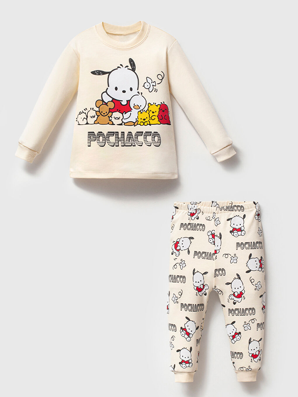 %100 Pamuklu Ekru Yavru Köpekli Çocuk Pijama Takımı 1-6 Yaş