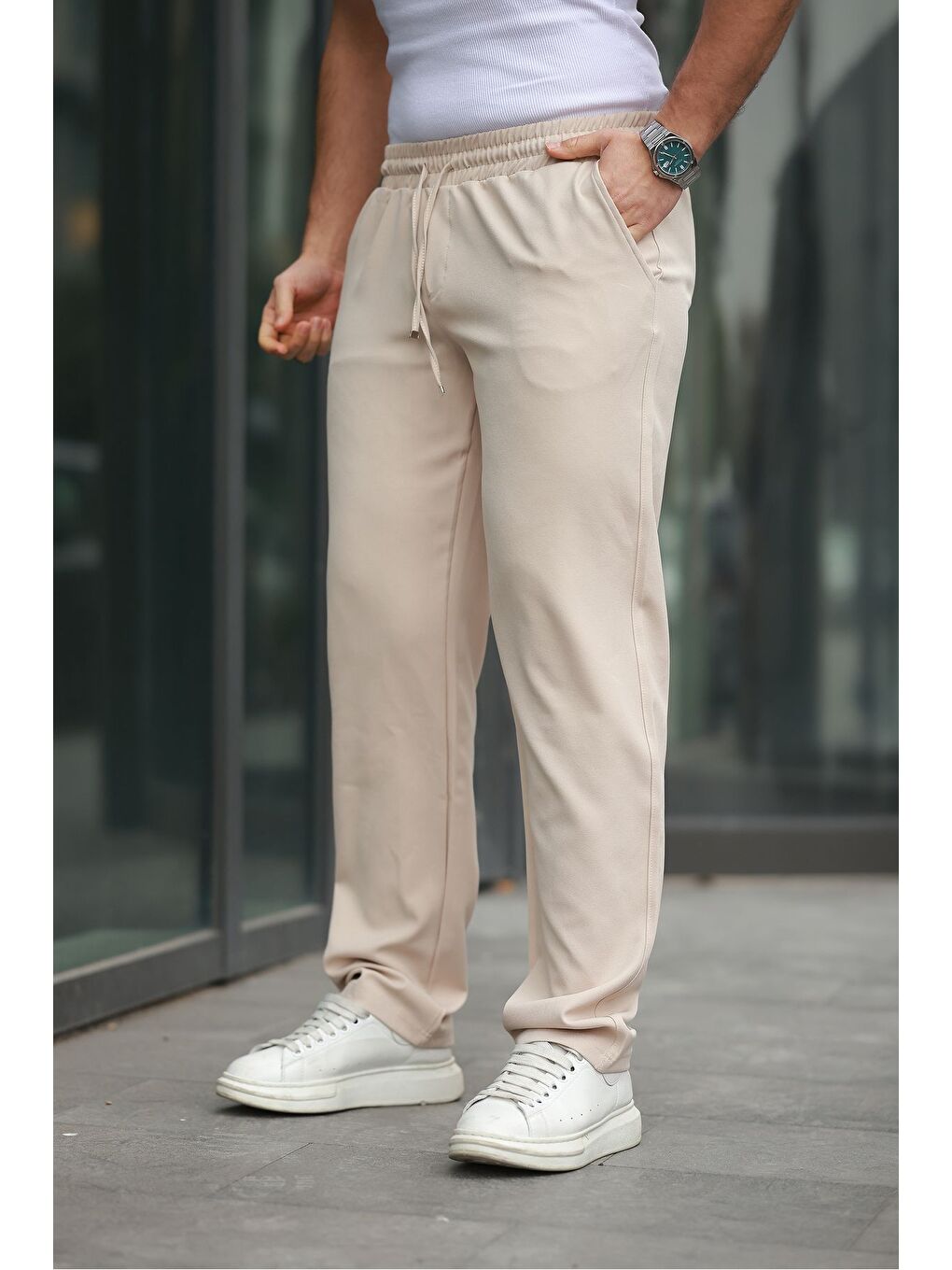 Ekru Erkek Trend Beli Lastikli Bol Paça Baggy Pantolon-1