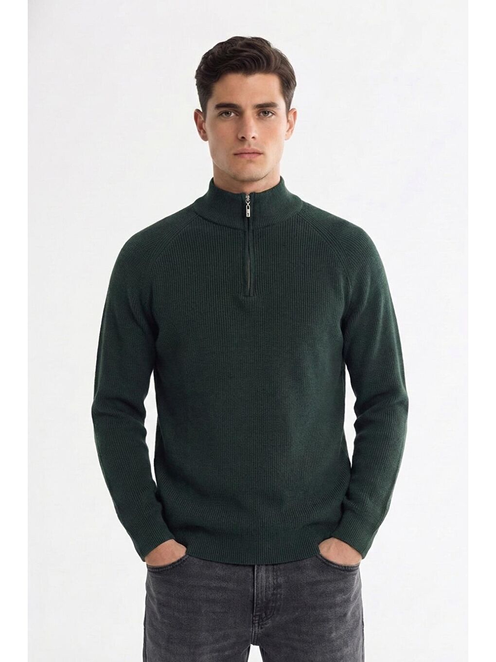 Haki Slim Fit Dokulu Fermuarlı Yarım Balıkçı Yaka Erkek Triko Kazak