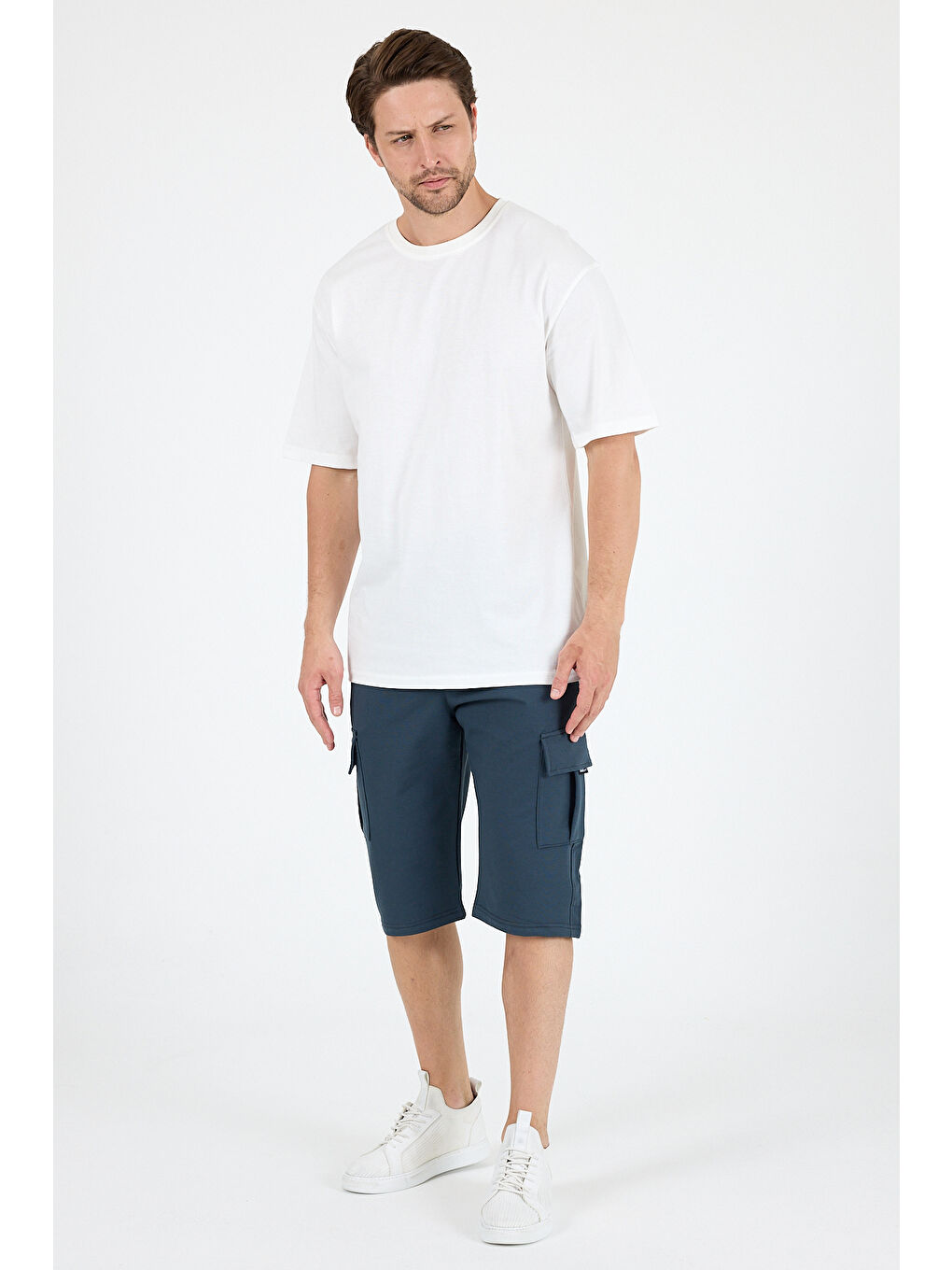 Beyaz Bisiklet Yaka Penye Erkek Tişört