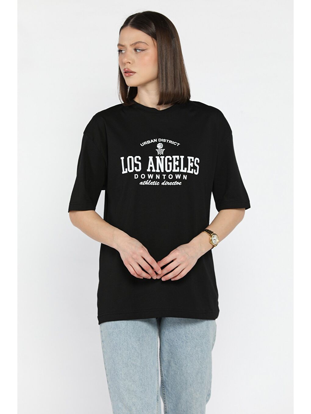 Siyah Kadın Bisiklet Yaka Los Angeles Baskılı Salaş Tişört-1