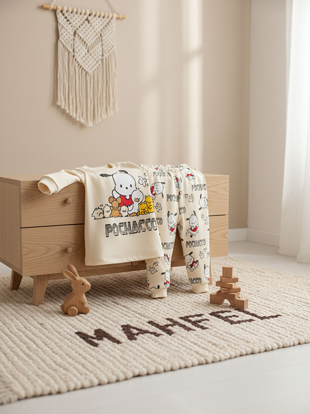 %100 Pamuklu Ekru Yavru Köpekli Çocuk Pijama Takımı 1-6 Yaş-4