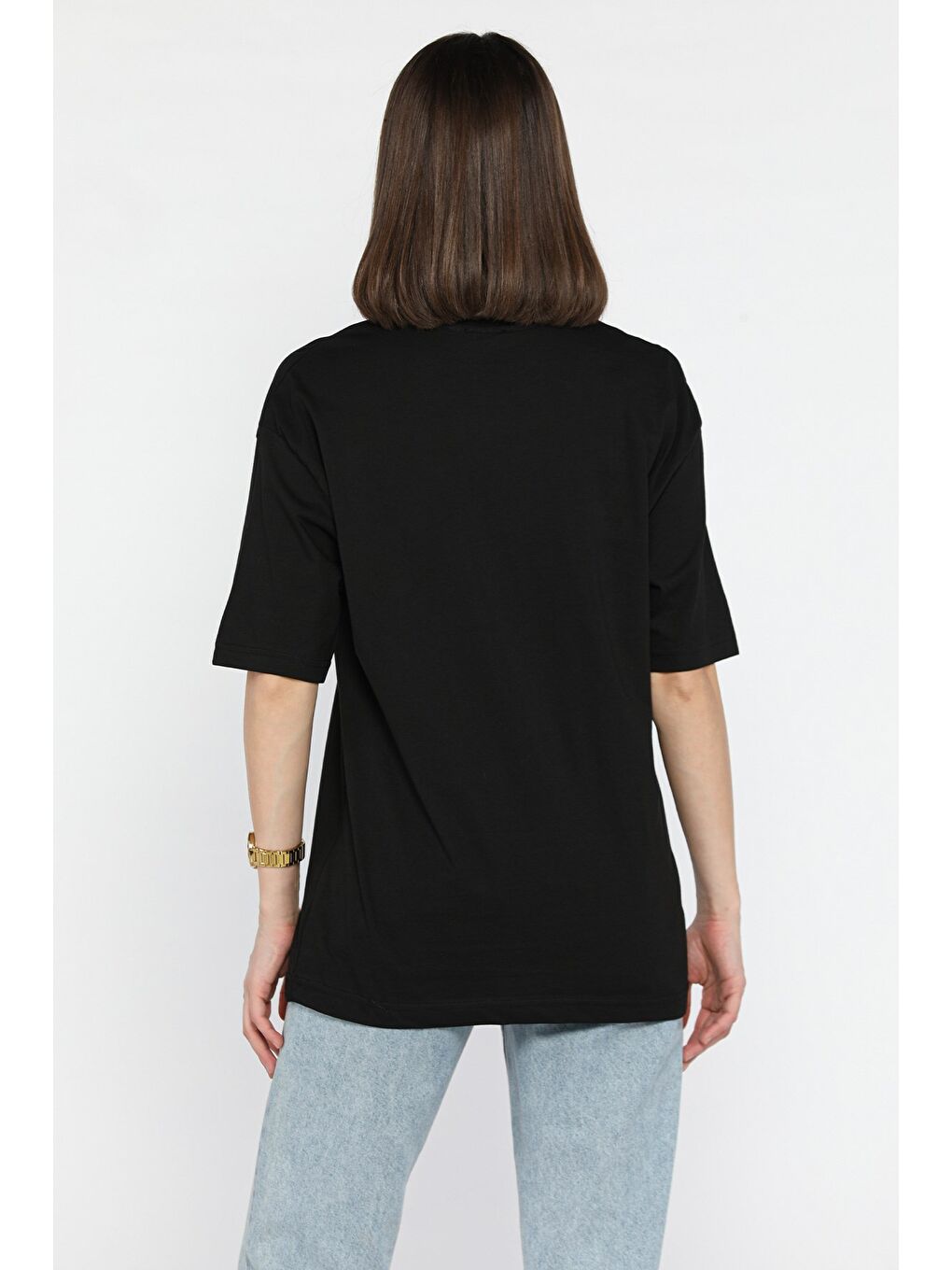 Siyah Kadın Bisiklet Yaka Los Angeles Baskılı Salaş Tişört-2