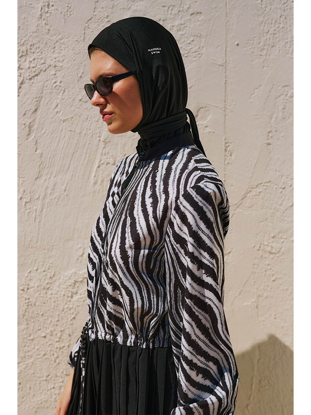 Siyah Piliseli Desenli Tesettür Mayo Zebra-3