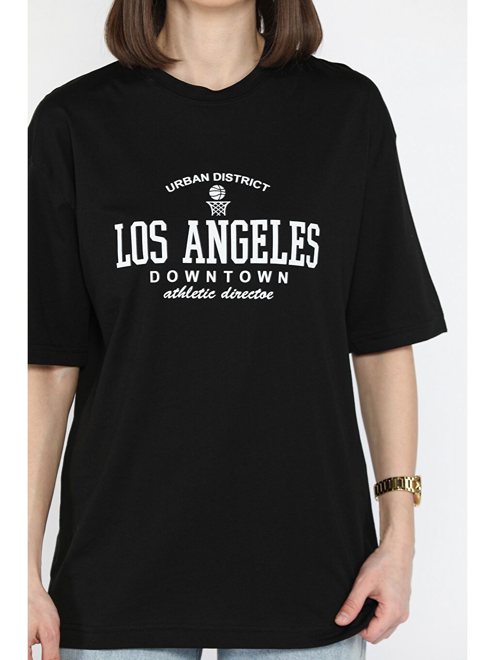 Siyah Kadın Bisiklet Yaka Los Angeles Baskılı Salaş Tişört-3