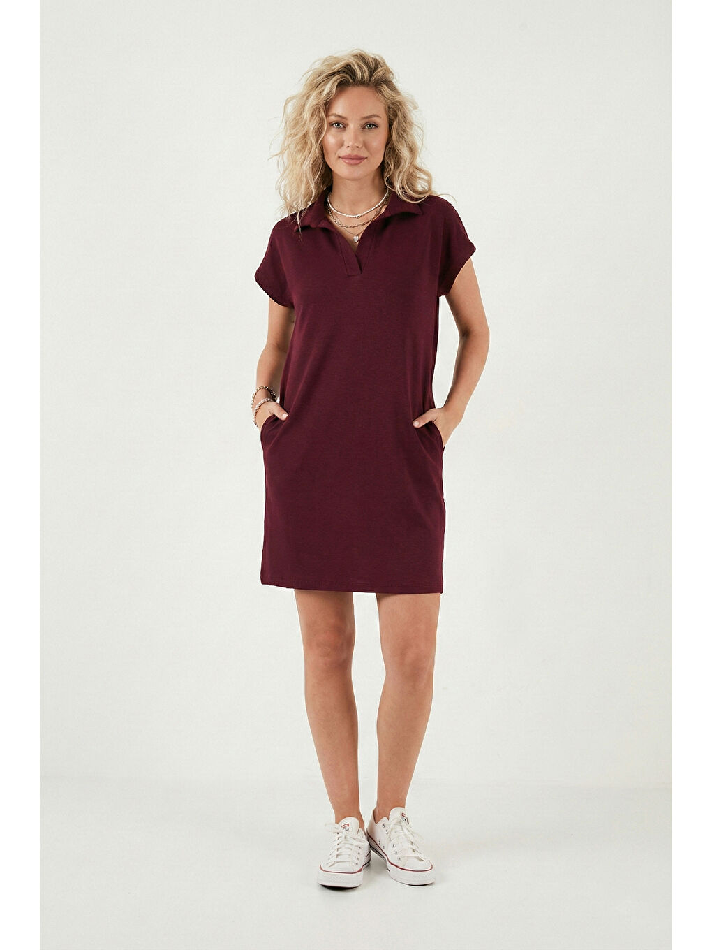 Bordo Regular Fit Polo Yaka Mini Kadın Elbise 5866153-4