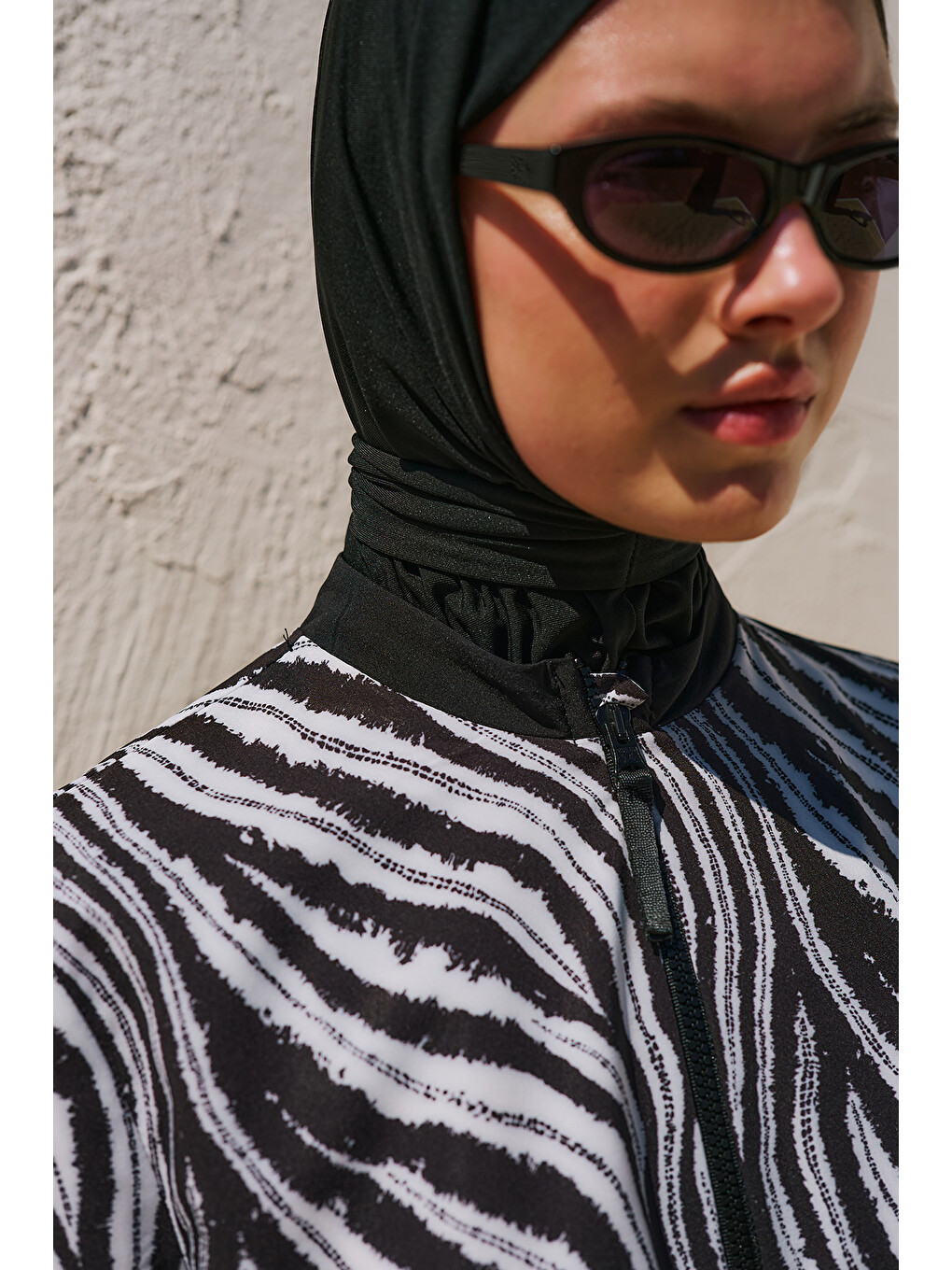 Siyah Piliseli Desenli Tesettür Mayo Zebra-6