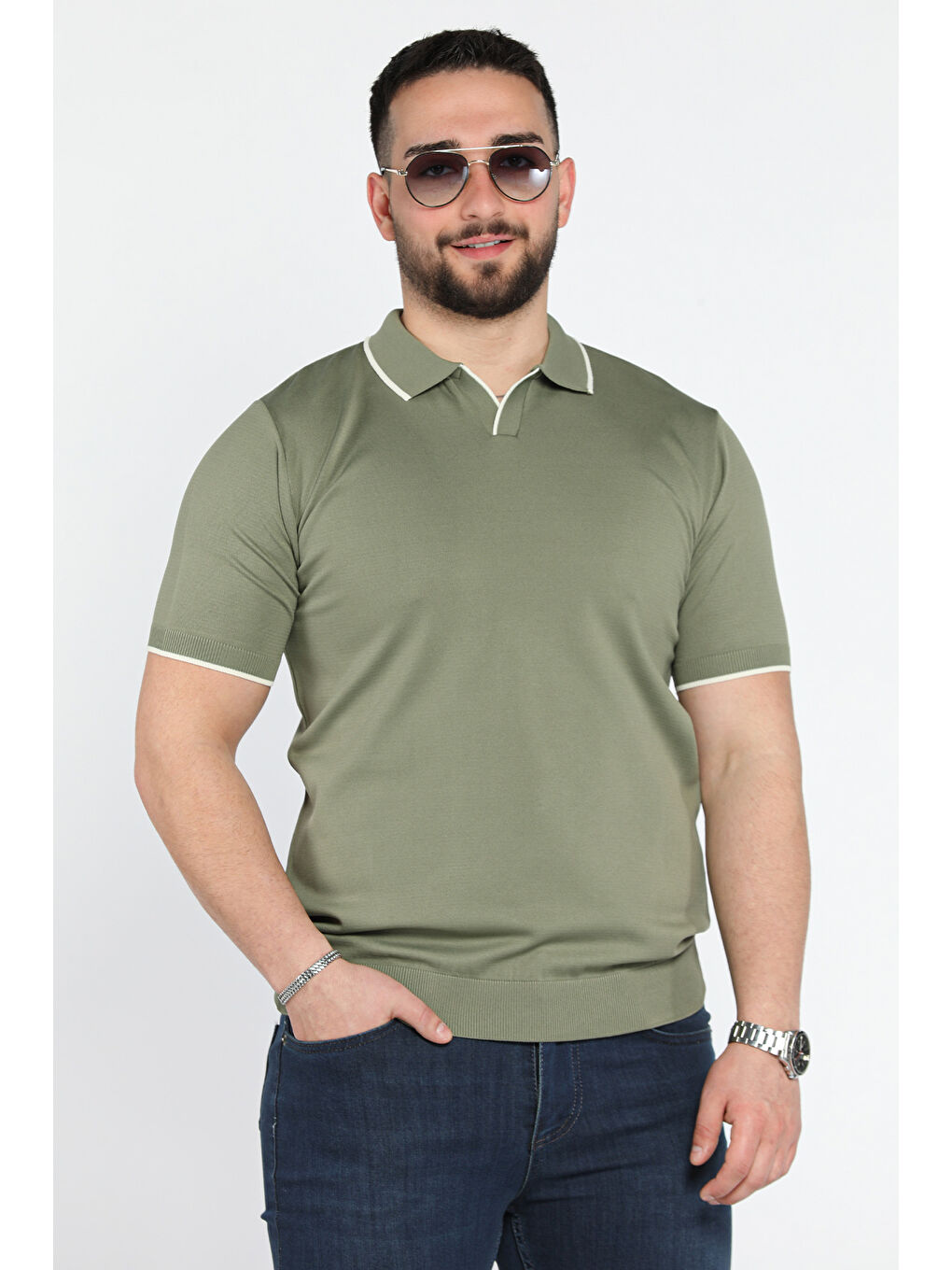 Haki Erkek Yaka Çizgi Detaylı Polo Yaka Triko Tişört