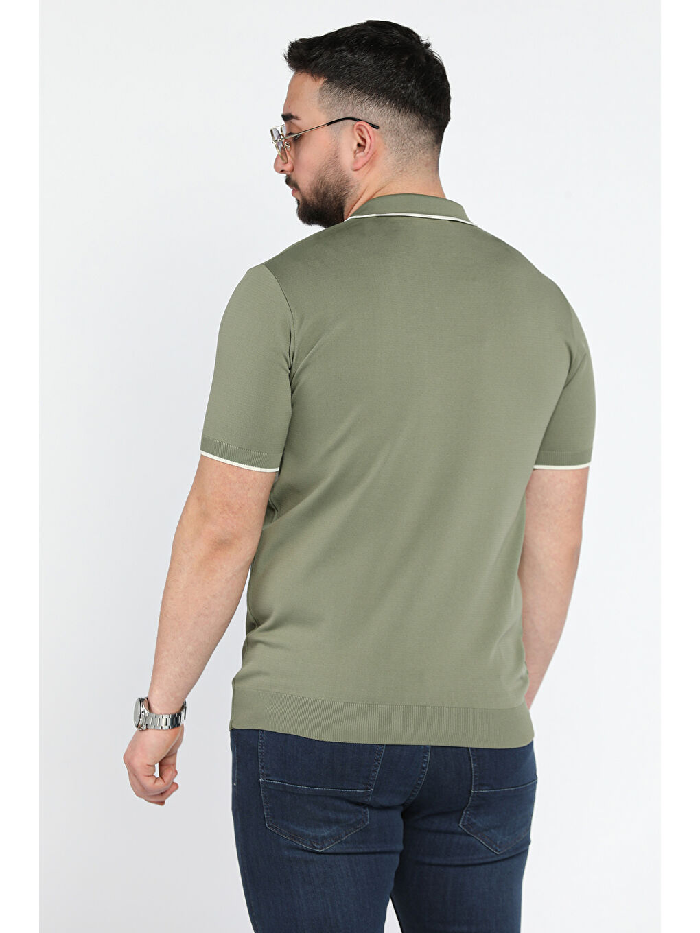 Haki Erkek Yaka Çizgi Detaylı Polo Yaka Triko Tişört-2